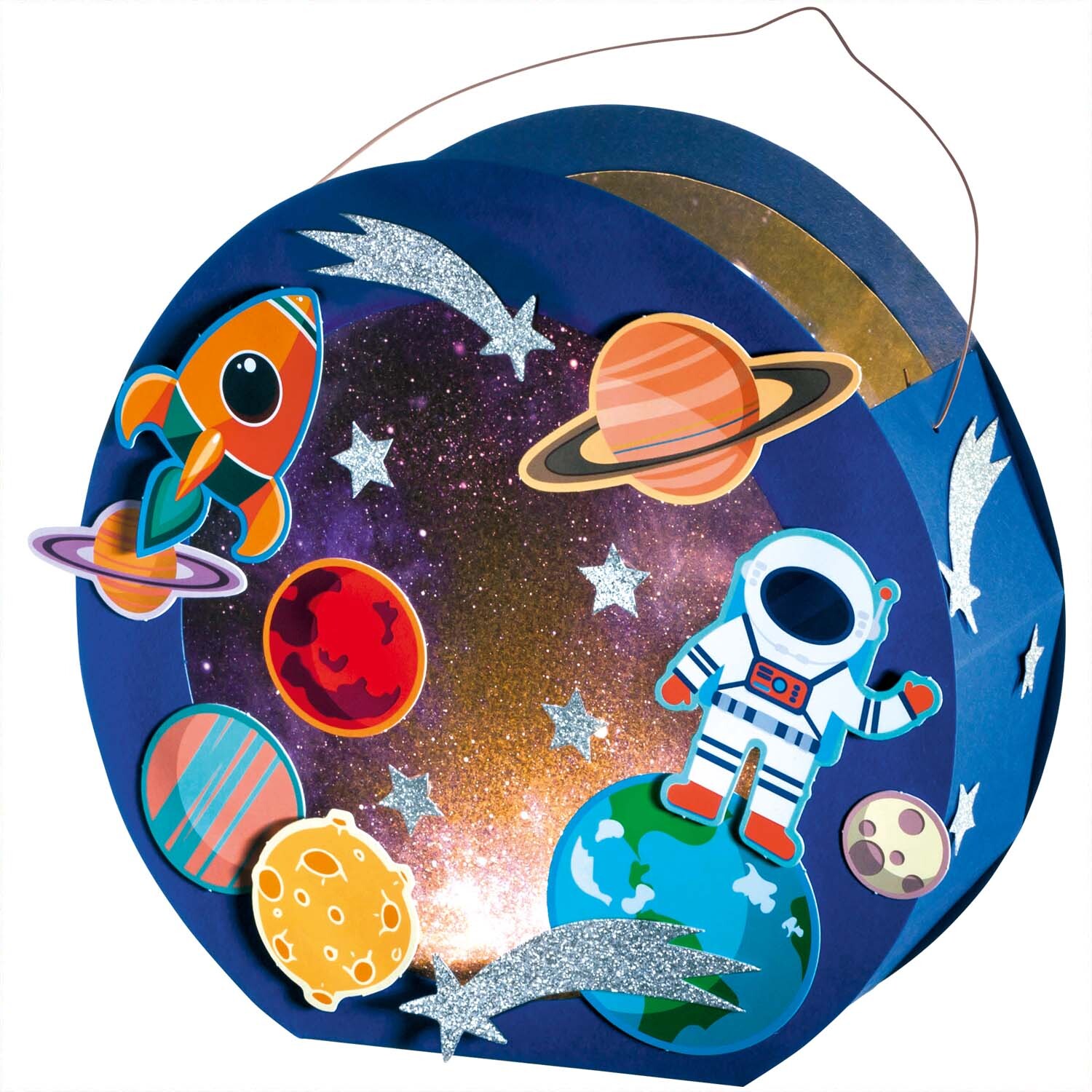 Laternen Set Weltraum: Bunte Laterne mit Astronaut, Rakete und Planeten, ideal für Kinder.