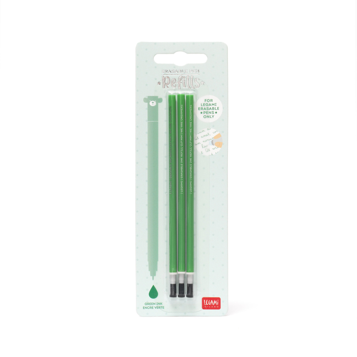 Ersatzminen für löschbaren Gelstift 3 Stück von Legami in grün, verpackt in einer transparenten Blisterpackung.