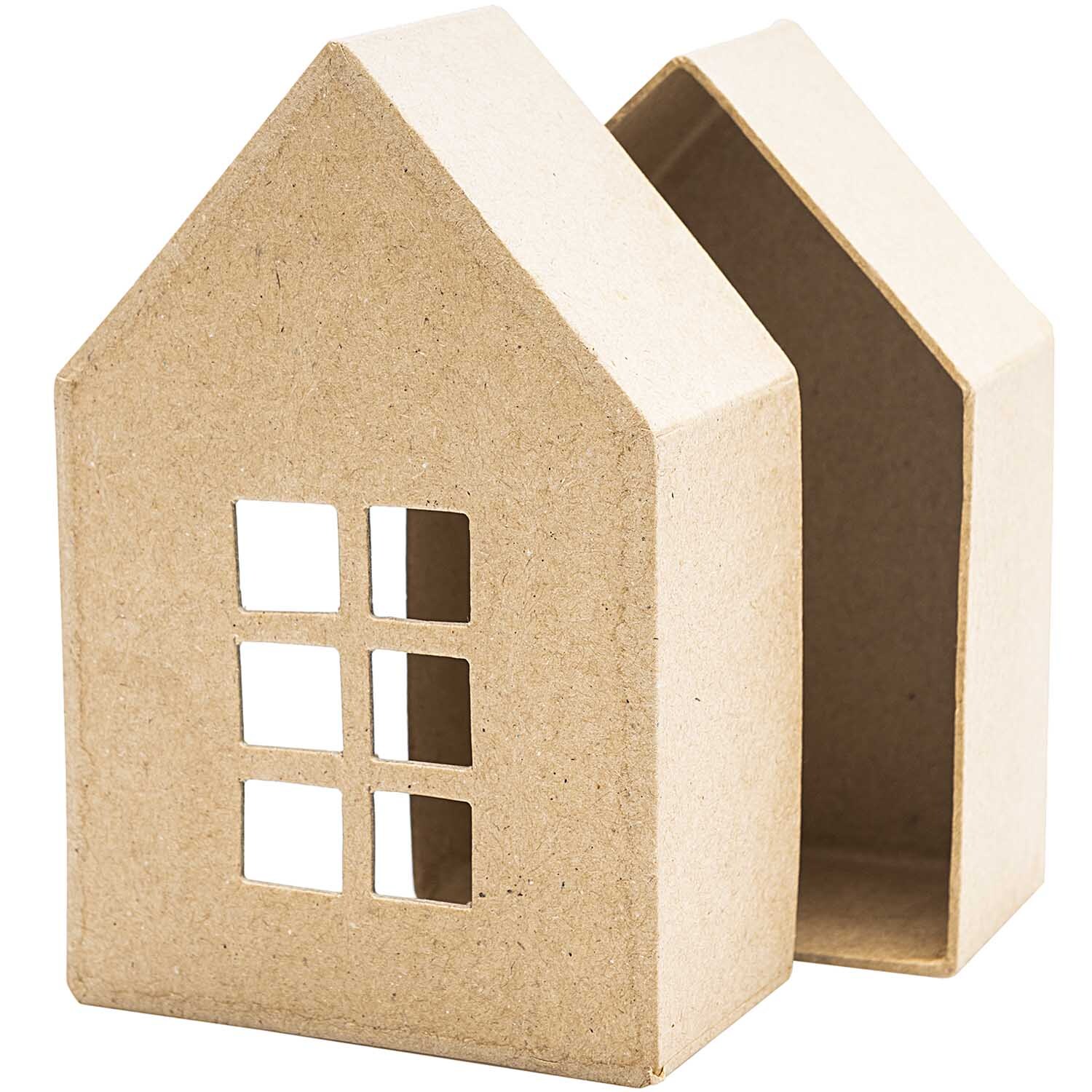 Schachtel Pappmaché-Haus von Rico Design, naturfarben, mit Fensterdesign, ideal für kreative Dekorationen und Bastelprojekte.