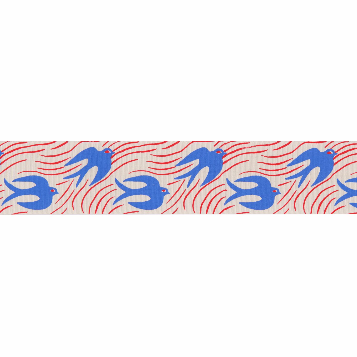Taftband Midsommar Magic Schwalben mit blauen Schwalben auf weißem Hintergrund, 38mm breit, 3m lang. Ideal für kreative Projekte.