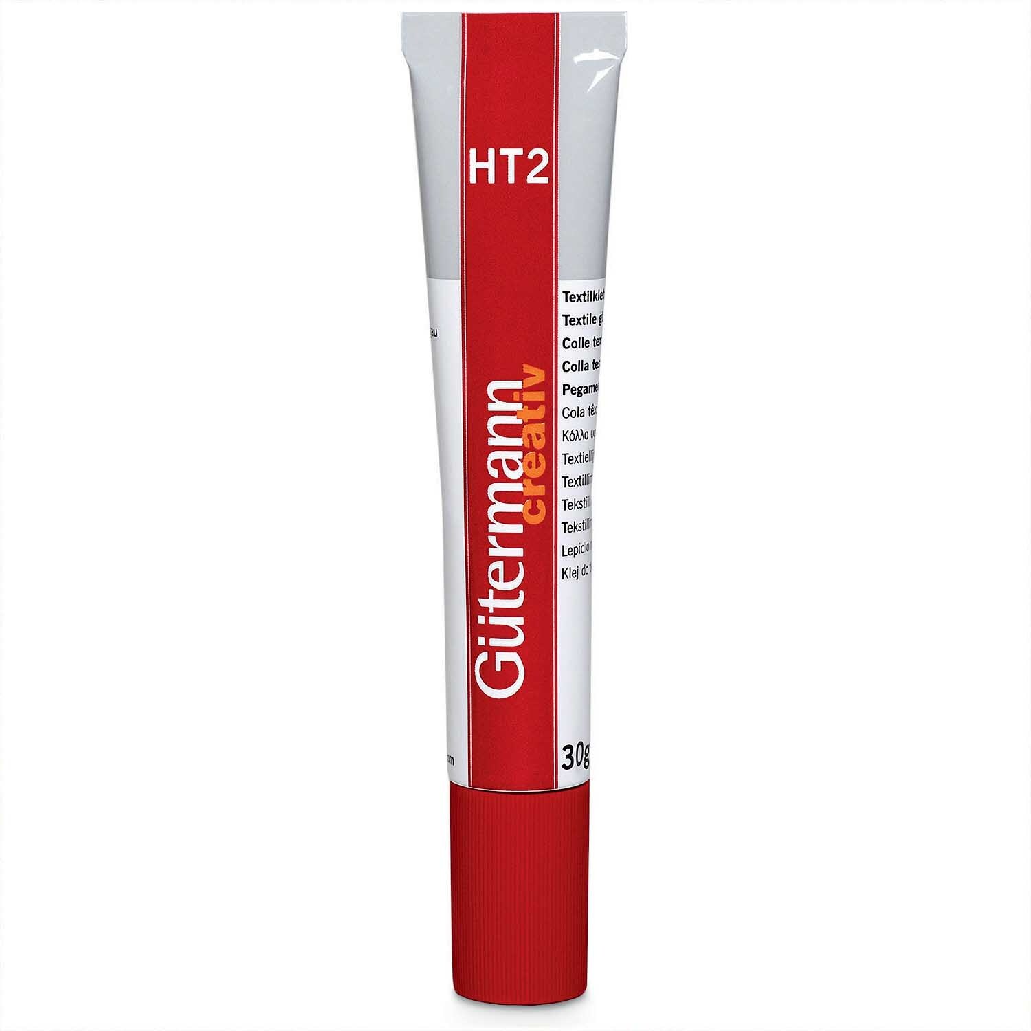 Textilkleber HT2 30g von Gütermann in einer roten Tube, ideal für präzises Kleben von Stoffen.