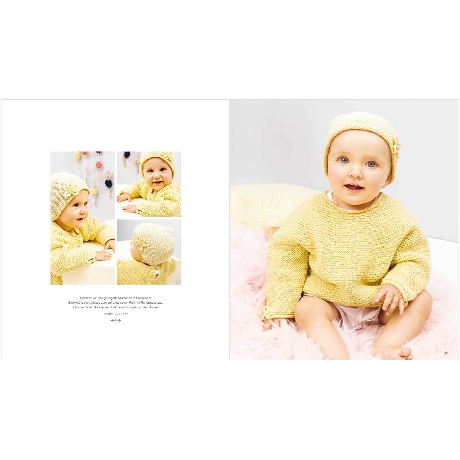 Rico Baby Heft Nr.24 zeigt ein Baby in gelbem Strickpullover und Mütze von Rico Design auf rosa Decke.