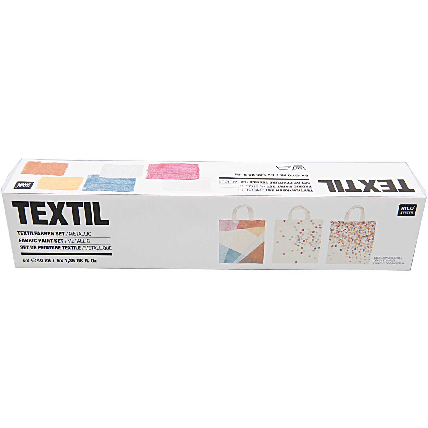 Textilfarben metallic 6x40ml von Rico Design: Verpackung mit bunten Beispielen auf Stofftaschen. Ideal für kreative Projekte.