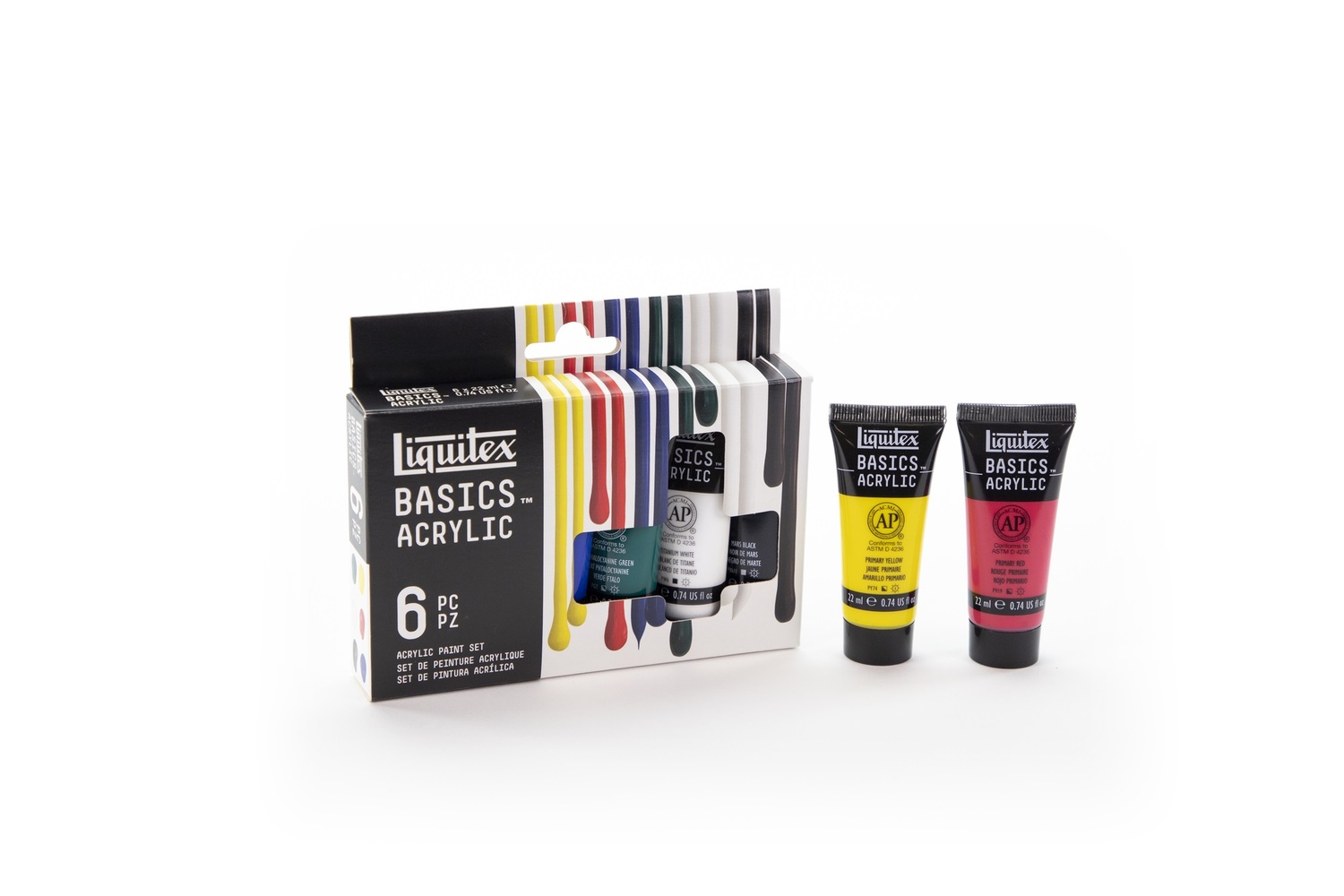 Basics Acrylfarben Set 6x22ml zeigt sechs bunte Liquitex-Farbtuben in einer Verpackung. Ideal für kreative Projekte.
