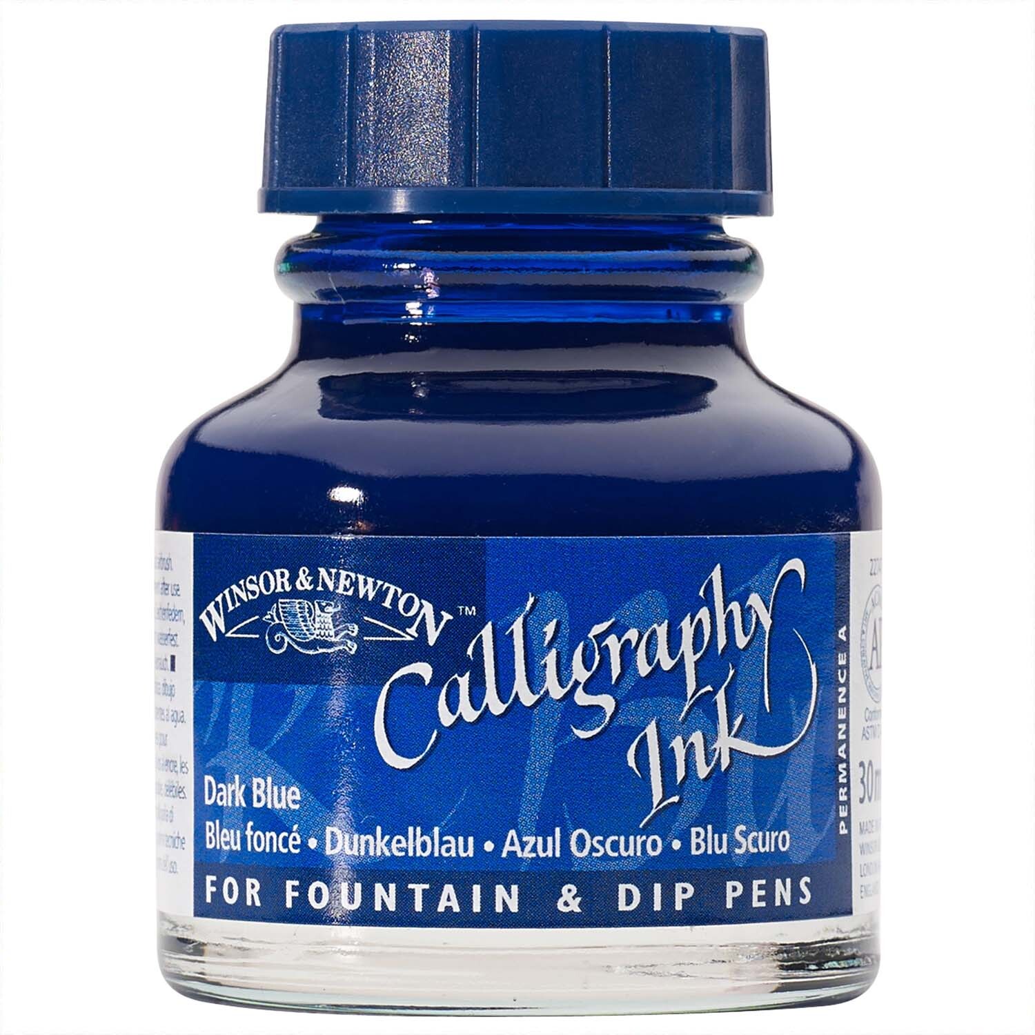 Kalligraphietusche 30ml von Winsor & Newton in einem dunkelblauen Glasfläschchen für Füllfederhalter.