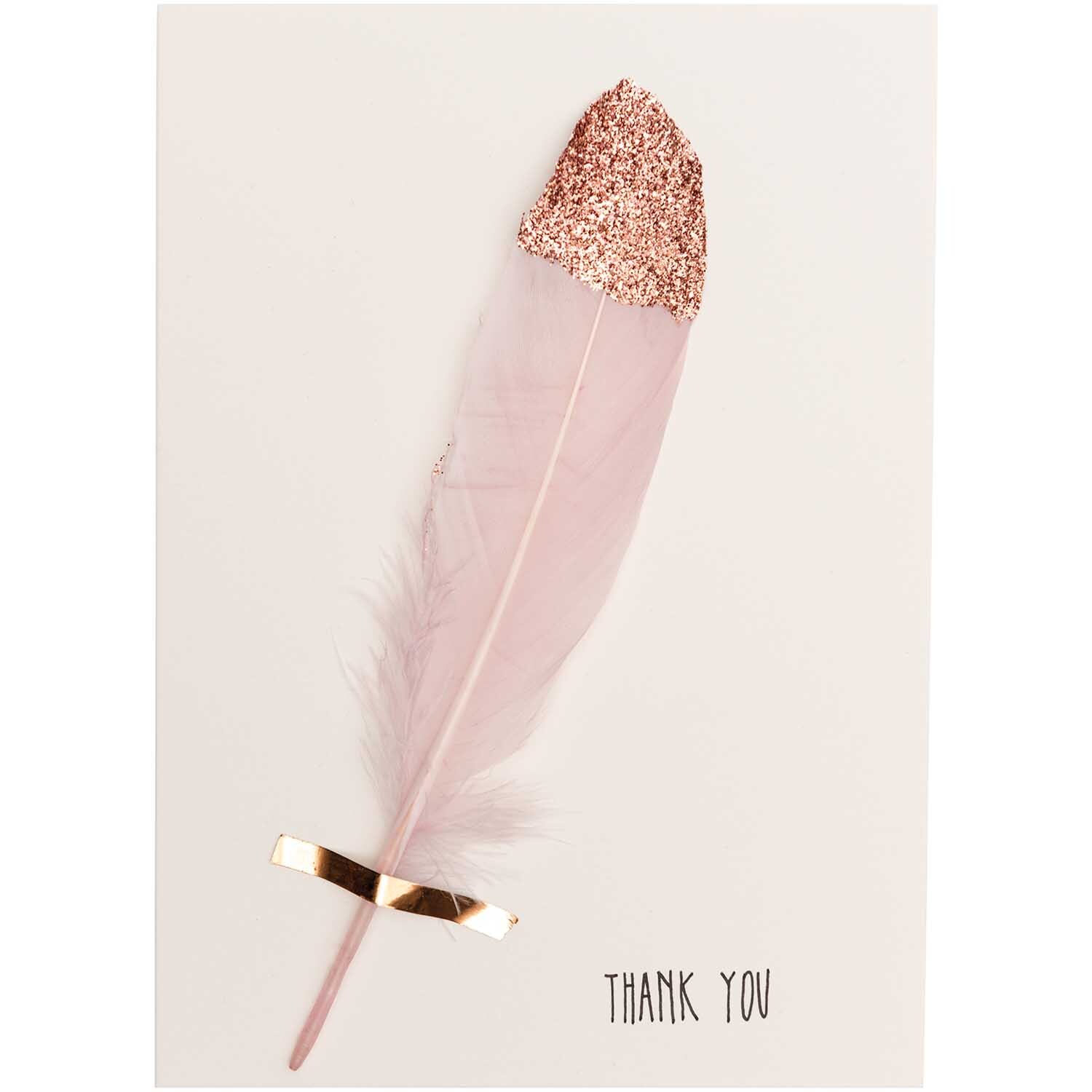 Federn ca. 18cm 6 Stück: Rosa-Roségoldene Feder mit Glitzer auf Karte, verziert mit "Thank You".