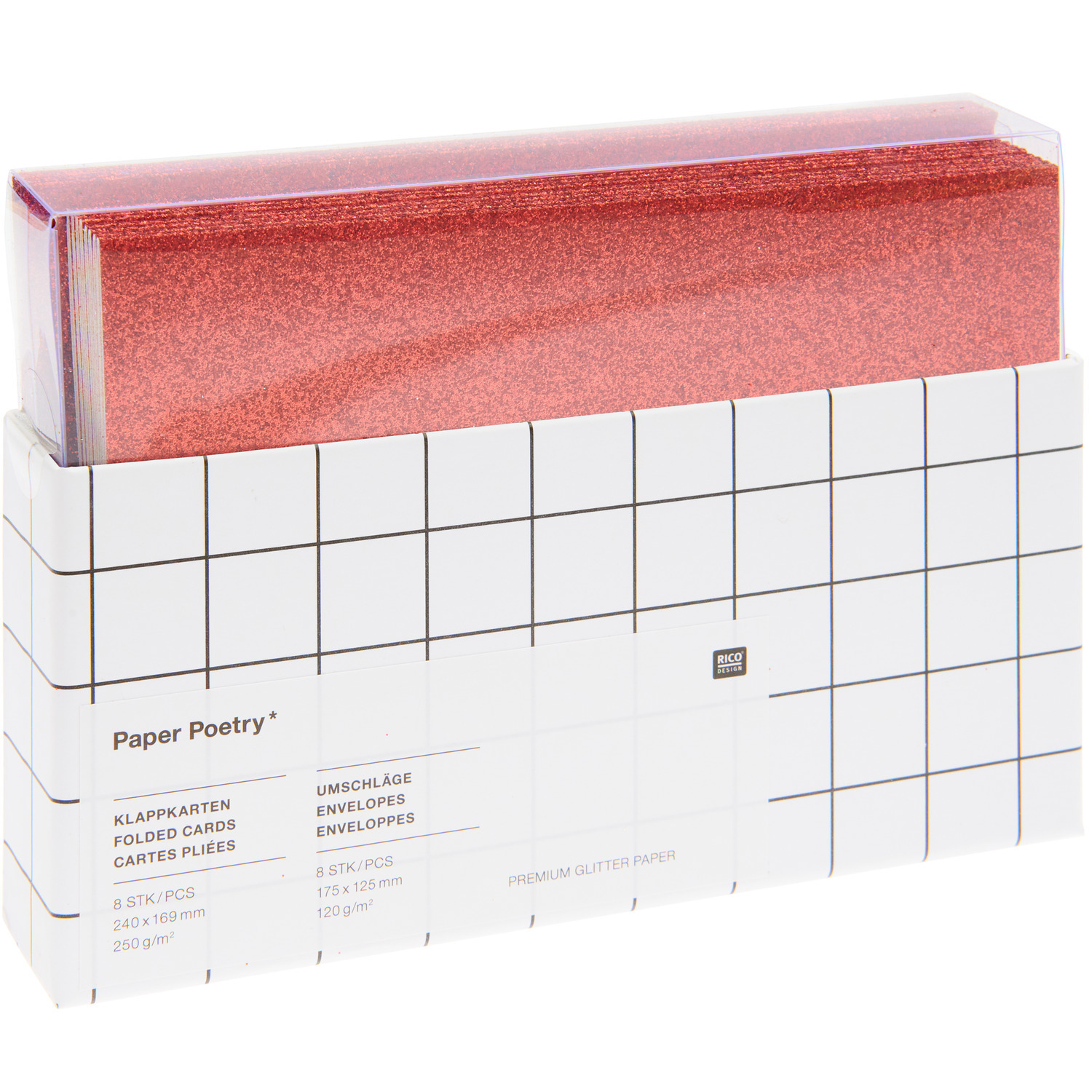 Paper Poetry Karten- und Umschlagset in Rot mit Glitter, 16-teilig von Rico Design, ideal für kreative Projekte.