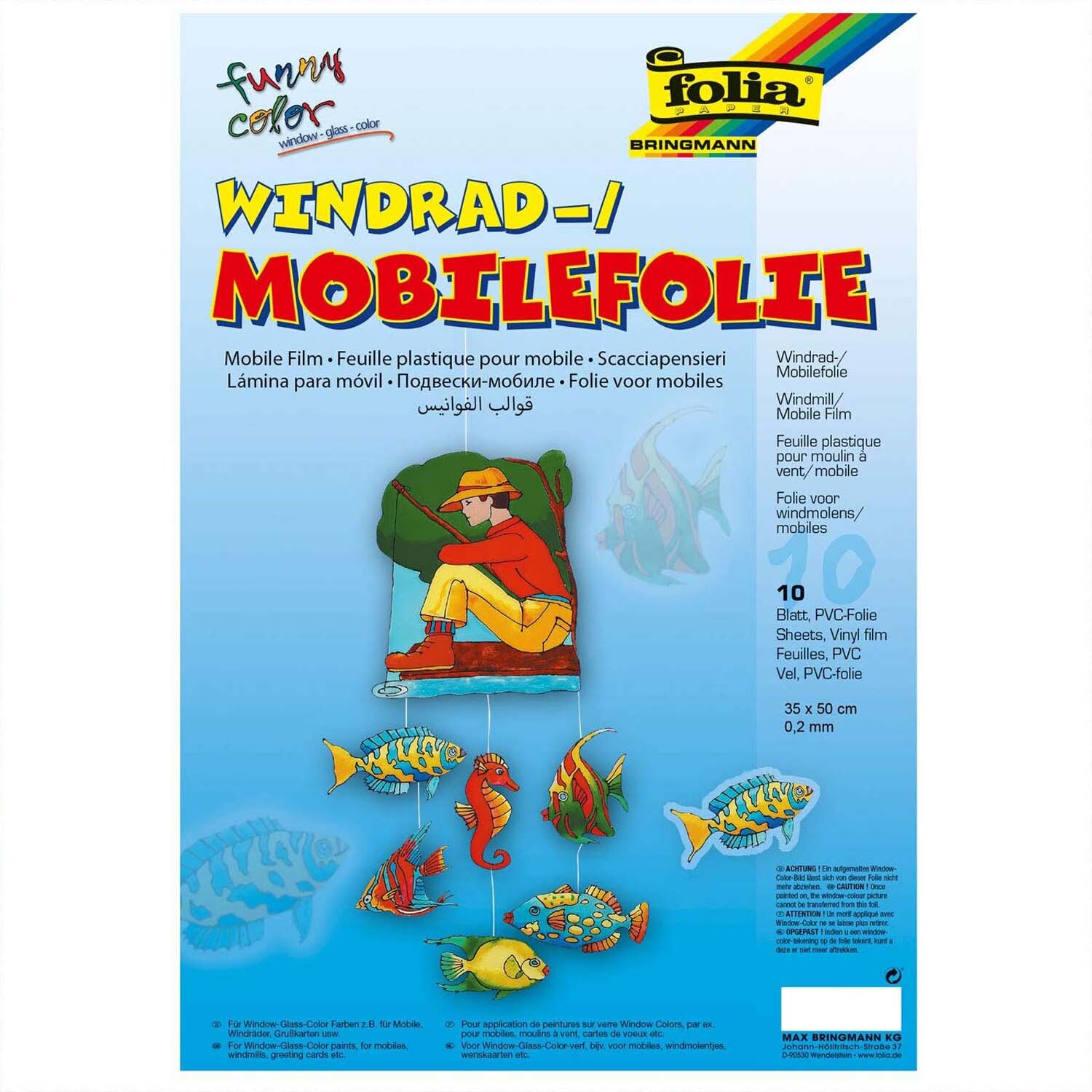 Windradfolie 0,2mm 35x50cm 10 Stück: Verpackung mit bunten Fischen und einem Kind auf einem Stuhl. Marke folia.