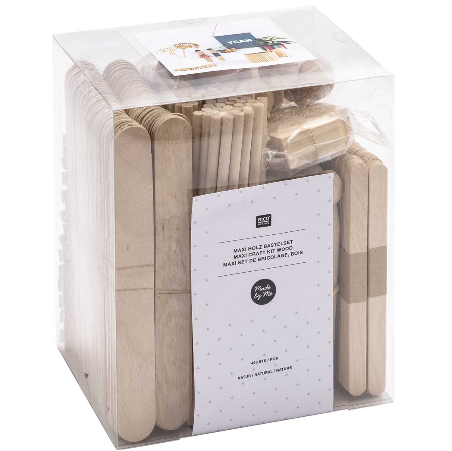 DIY-Holzbastelset: 420-teiliges Set von Rico Design mit Holzstäben in einer transparenten Box. Ideal für kreative Projekte.