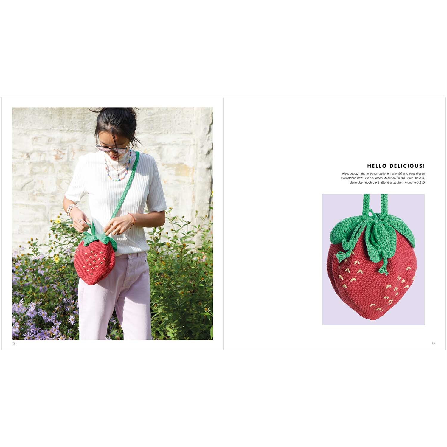 Cotton Aran - Just Bags + Things + Crazy Stuff Deutsch: Frau mit Erdbeer-Tasche von Rico Design im Garten.