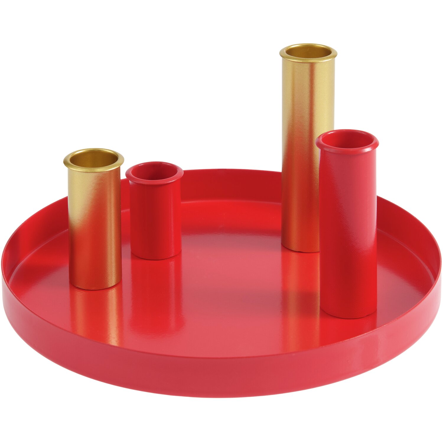 Metalltablett inkl. 4 magnetischen Kerzenhalter, Rot/Gold, Ø20cm. Ideal für stilvolle Dekoration.