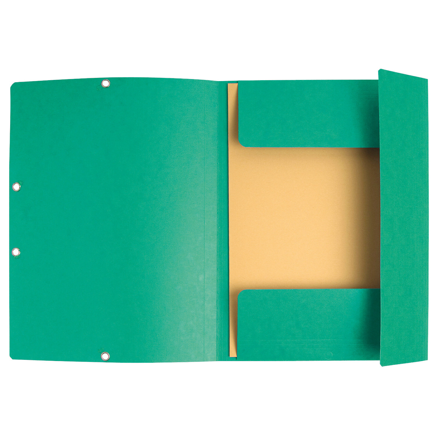 Sammelmappe mit Gummizug A4 in kräftigem Grün, offen gezeigt mit Innenfächern, 400g/m².
