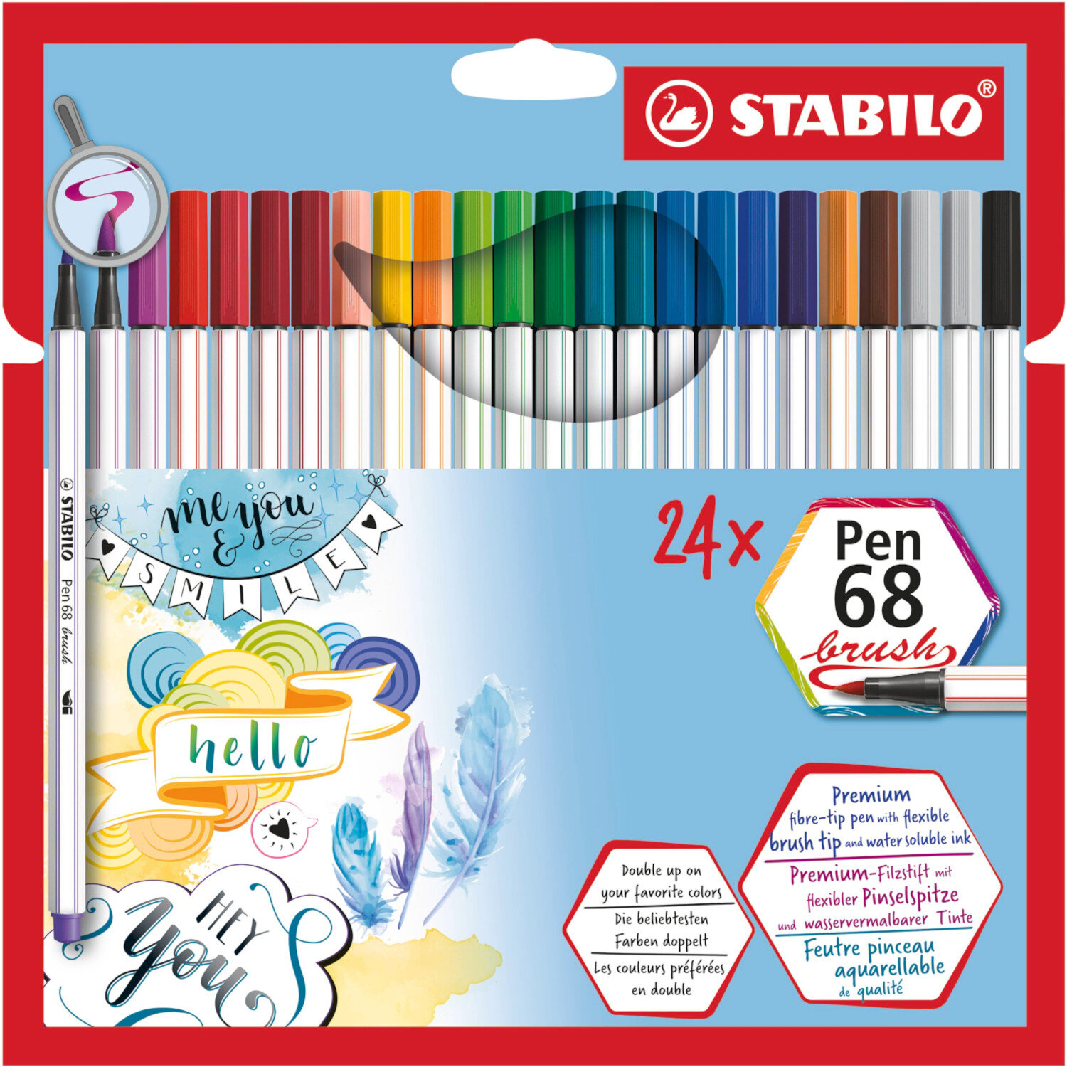 Pen 68 Brush im Kartonetui, 24 Farben, von STABILO. Bunte Stifte mit flexibler Pinselspitze für kreative Designs.