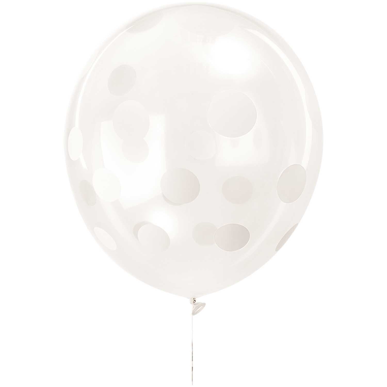 Luftballon Punkte/unifarben transparent-weiß von Rico Design, 30 cm, zeigt weiße Punkte auf transparentem Hintergrund. Ideal für Feiern.