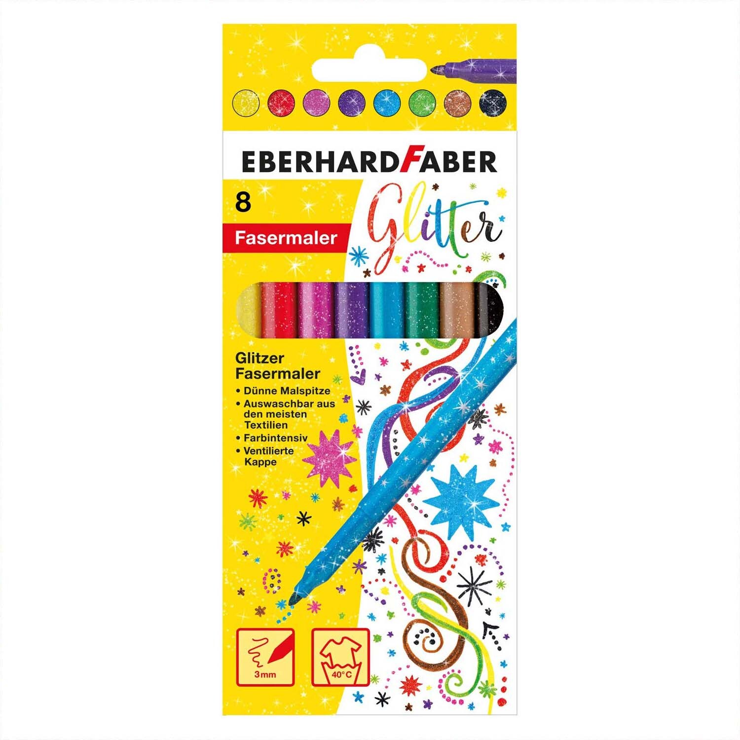 Glitter Fasermaler 8 Stück von Eberhard Faber: Bunte Stifte in einer gelben Verpackung mit kreativen Mustern und Glitzerakzenten.