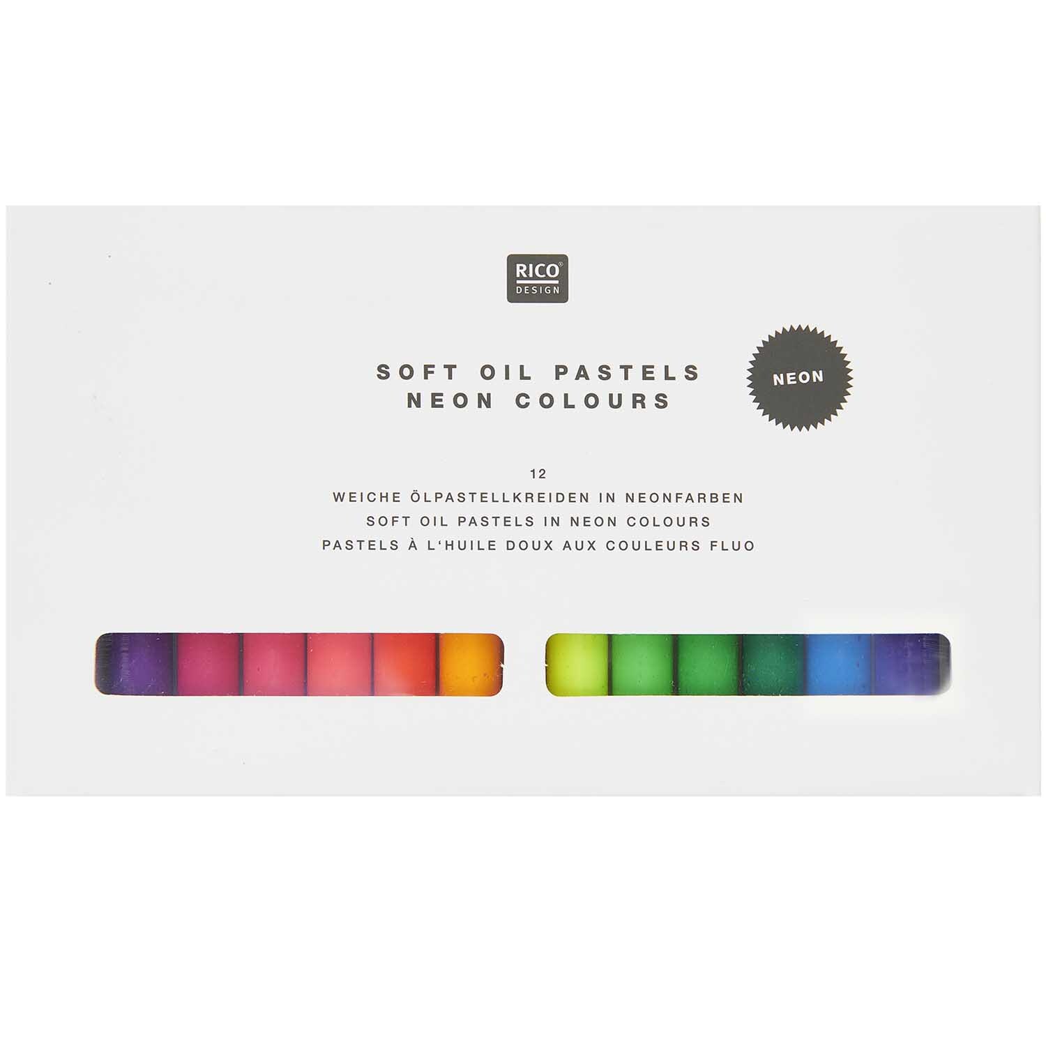 Ölpastellkreide Neon 12 Farben von Rico Design in einer Schachtel mit leuchtenden Neonfarben.