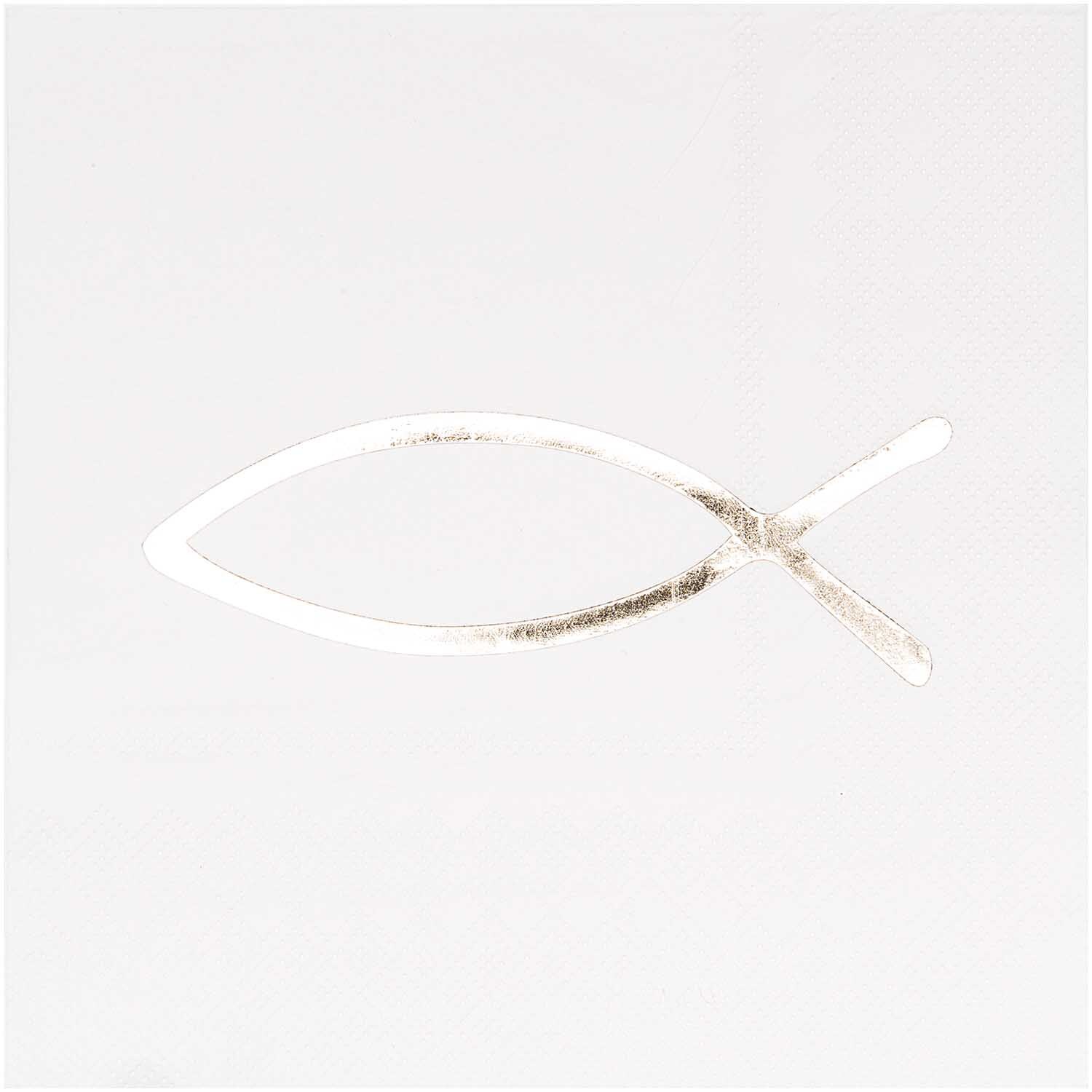 Servietten Christliche Feste Fisch gold 33x33cm von Rico Design, zeigen ein elegantes Fischsymbol in Gold auf weißem Hintergrund. Ideal für festliche Anlässe.