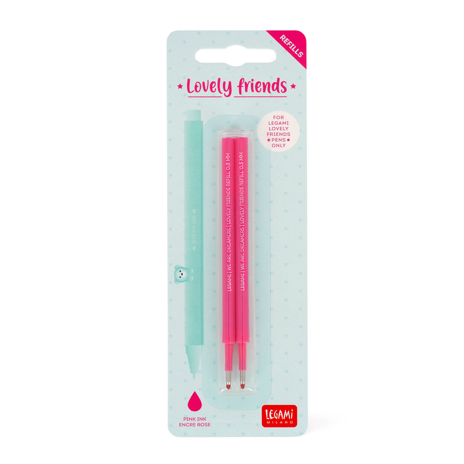 Ersatzminen für Lovely Friends Gelstifte, 2 Stück, in einer Verpackung mit pinkem und mintgrünem Stift von Legami.