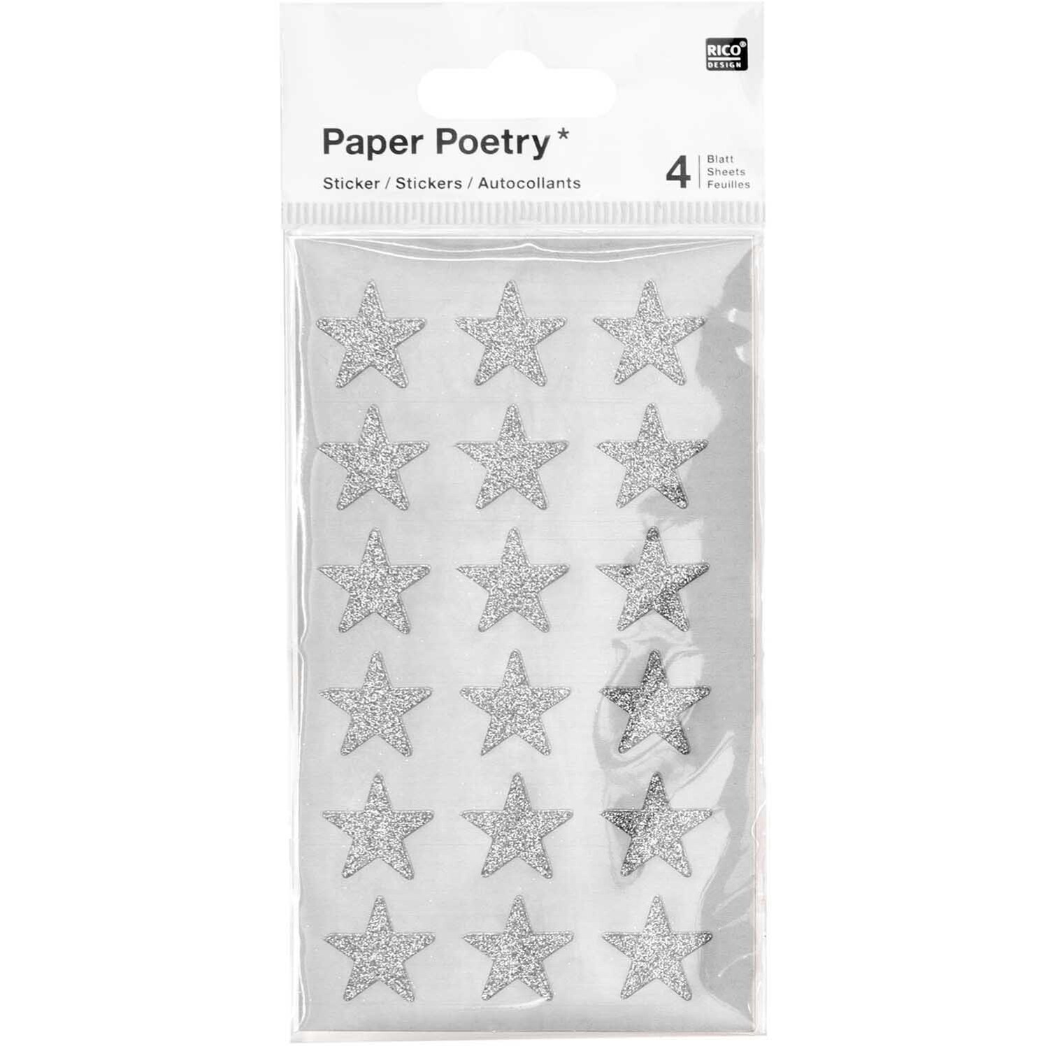 Paper Poetry Sticker Sterne Glitter silber, 4 Blatt von Rico Design. Enthält funkelnde Sternsticker.