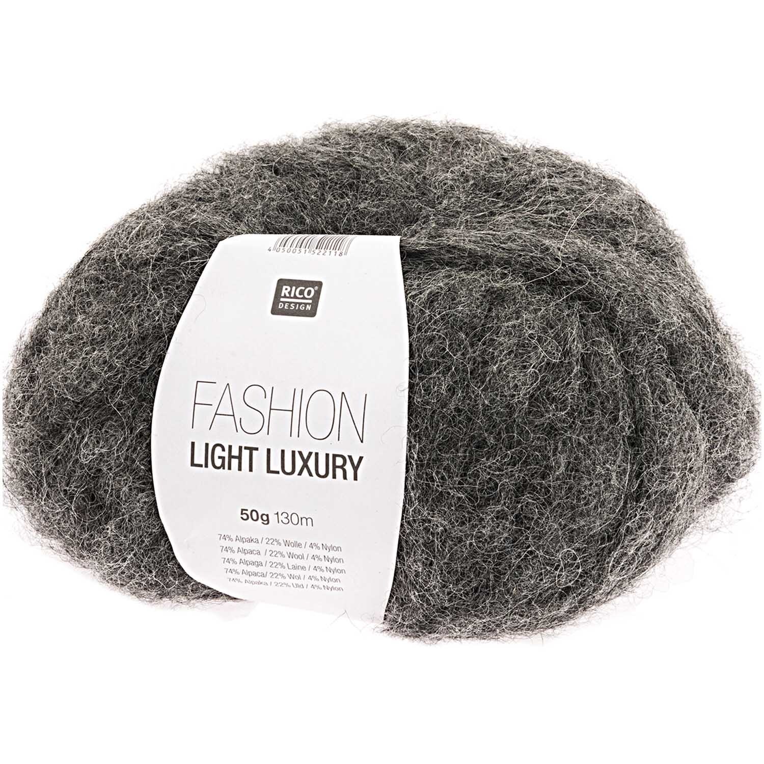 Fashion Light Luxury Wolle in Grau von Rico Design, 50g Knäuel, ideal für luxuriöse Strickprojekte.