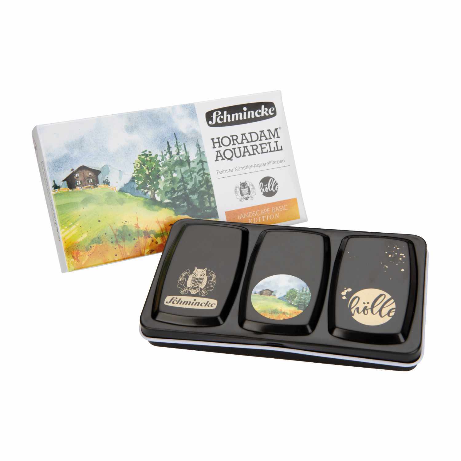 Schmincke Horadam Aquarellkasten mit 12 halben Näpfen, ideal für Landschaftsmalerei, zeigt eine malerische Landschaft auf der Verpackung.