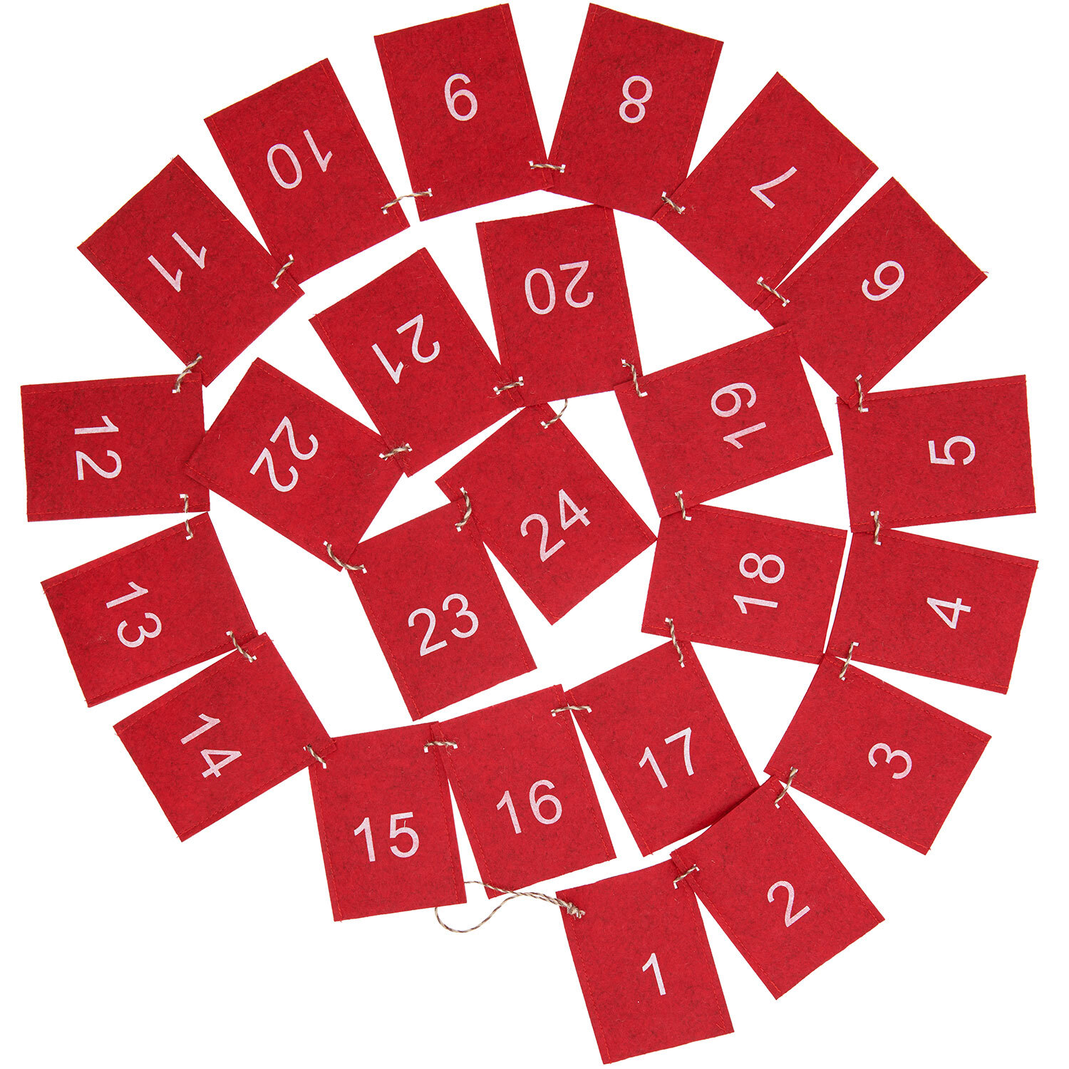 Adventskalender Girlande 1-24 260cm: Rote, nummerierte Taschen von 1 bis 24, dekorativ angeordnet. Ideal für festliche Dekorationen.