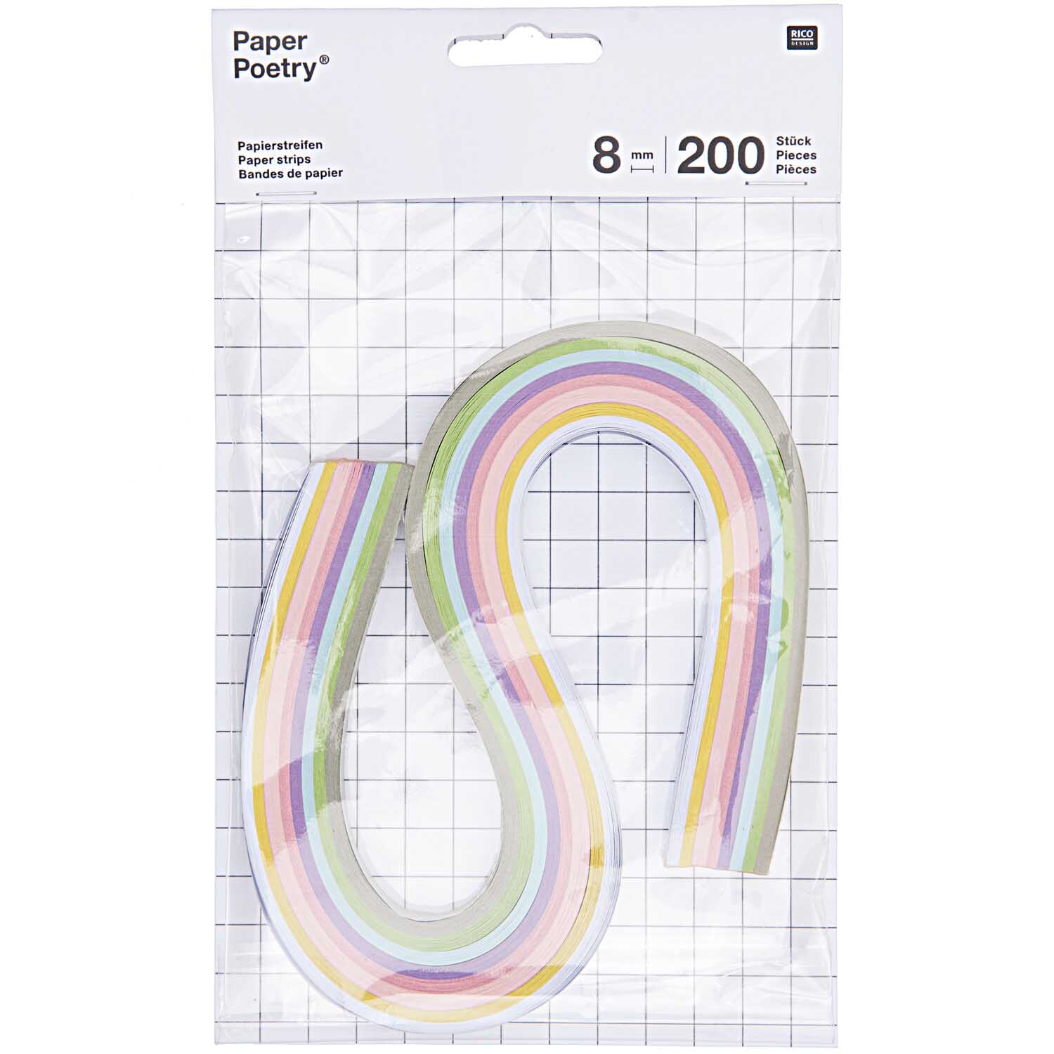 Paper Poetry Quilling Papierstreifen in Pastellfarben, 8mm, 200 Stück, von Rico Design, in S-Form arrangiert. Ideal für kreative Bastelprojekte.