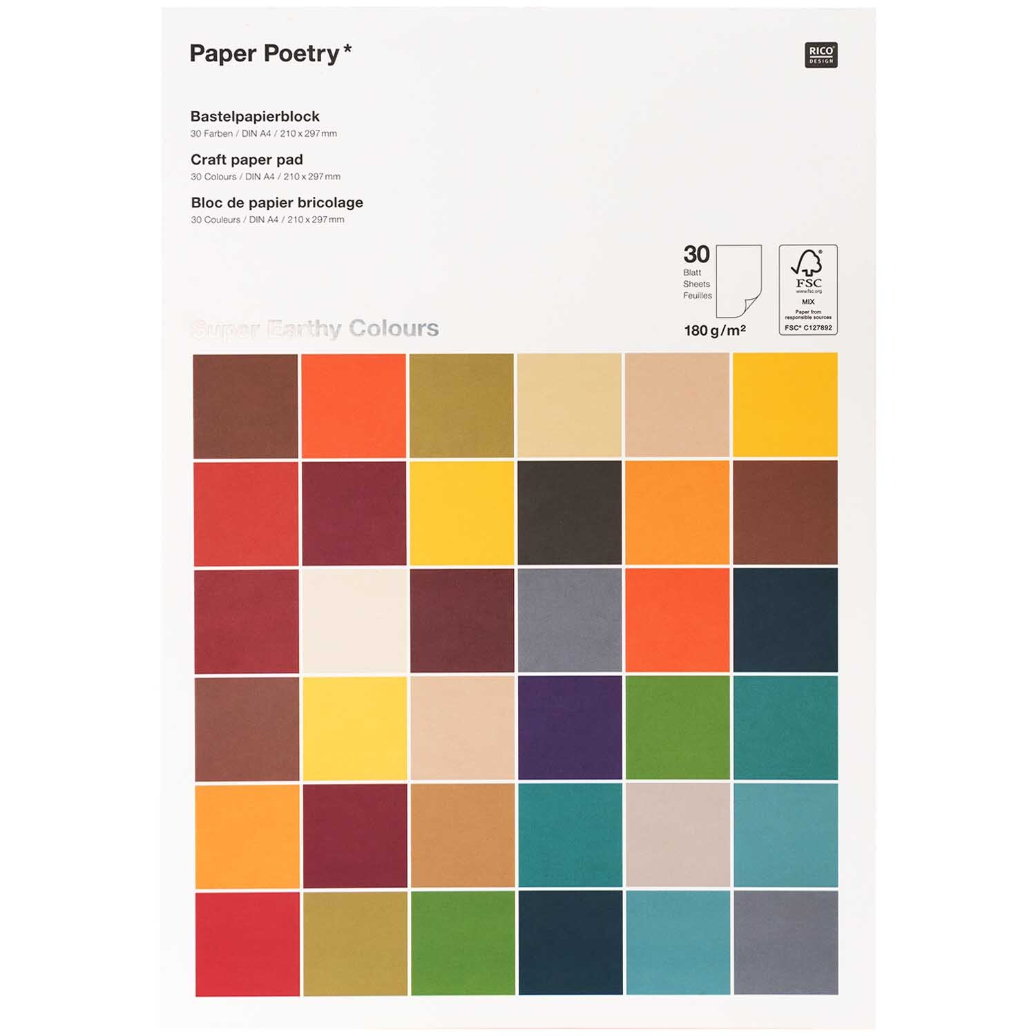 Paper Poetry Bastelblock mit 30 farbigen Blättern in Erdtönen, ideal für kreative Projekte.