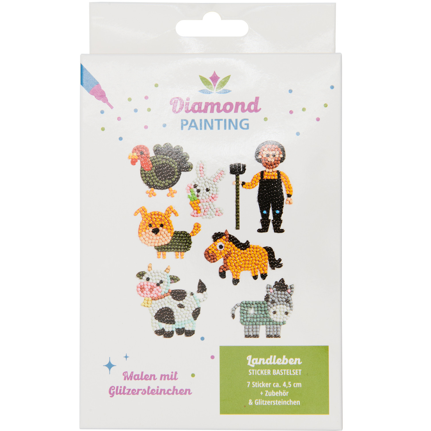 Diamond Painting Sticker Landleben: Buntes Bastelset mit 7 glitzernden Tier- und Bauernhofmotiven. Ideal für kreative Projekte.
