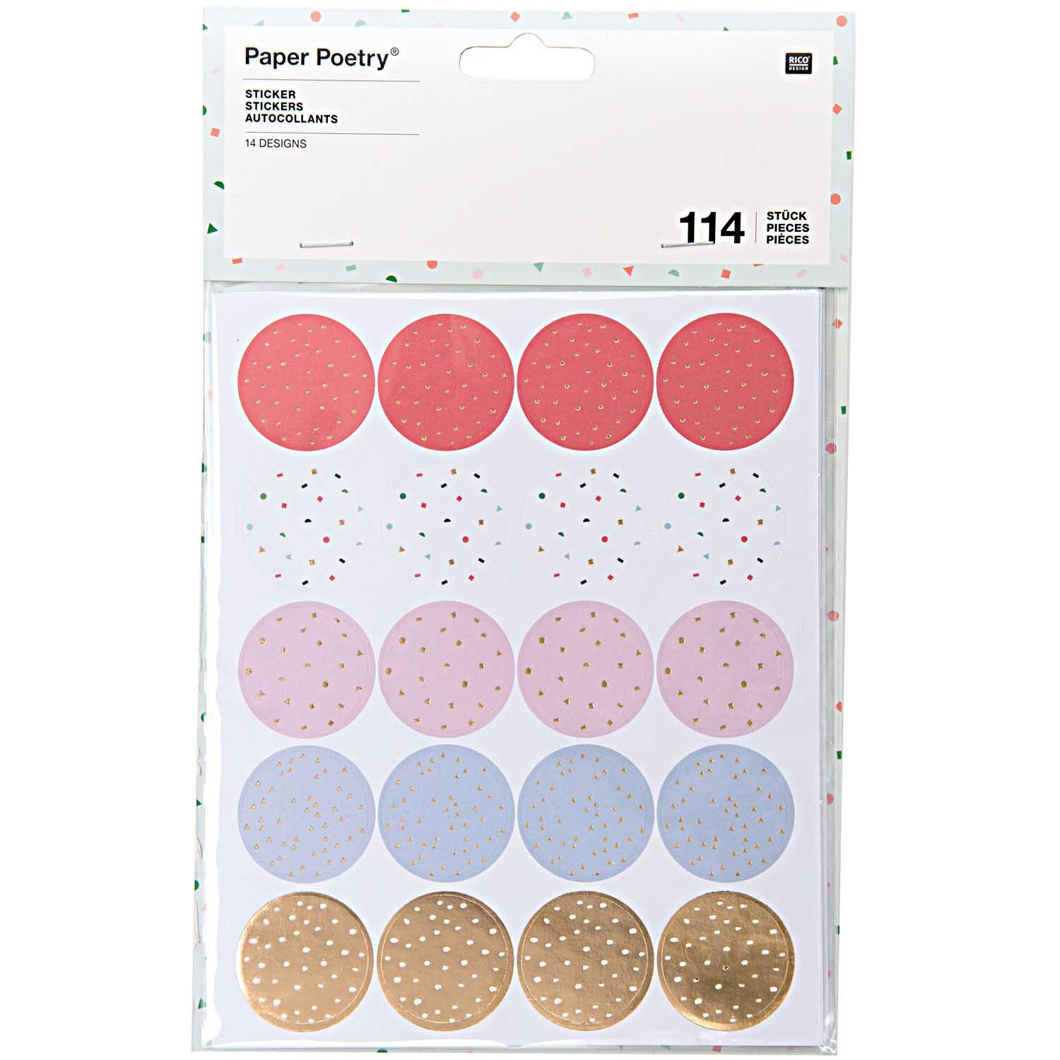 Paper Poetry Sticker Konfetti 114 Stück von Rico Design mit bunten, gepunkteten Kreisen in Rot, Lila, Blau und Gold auf einem Blatt.