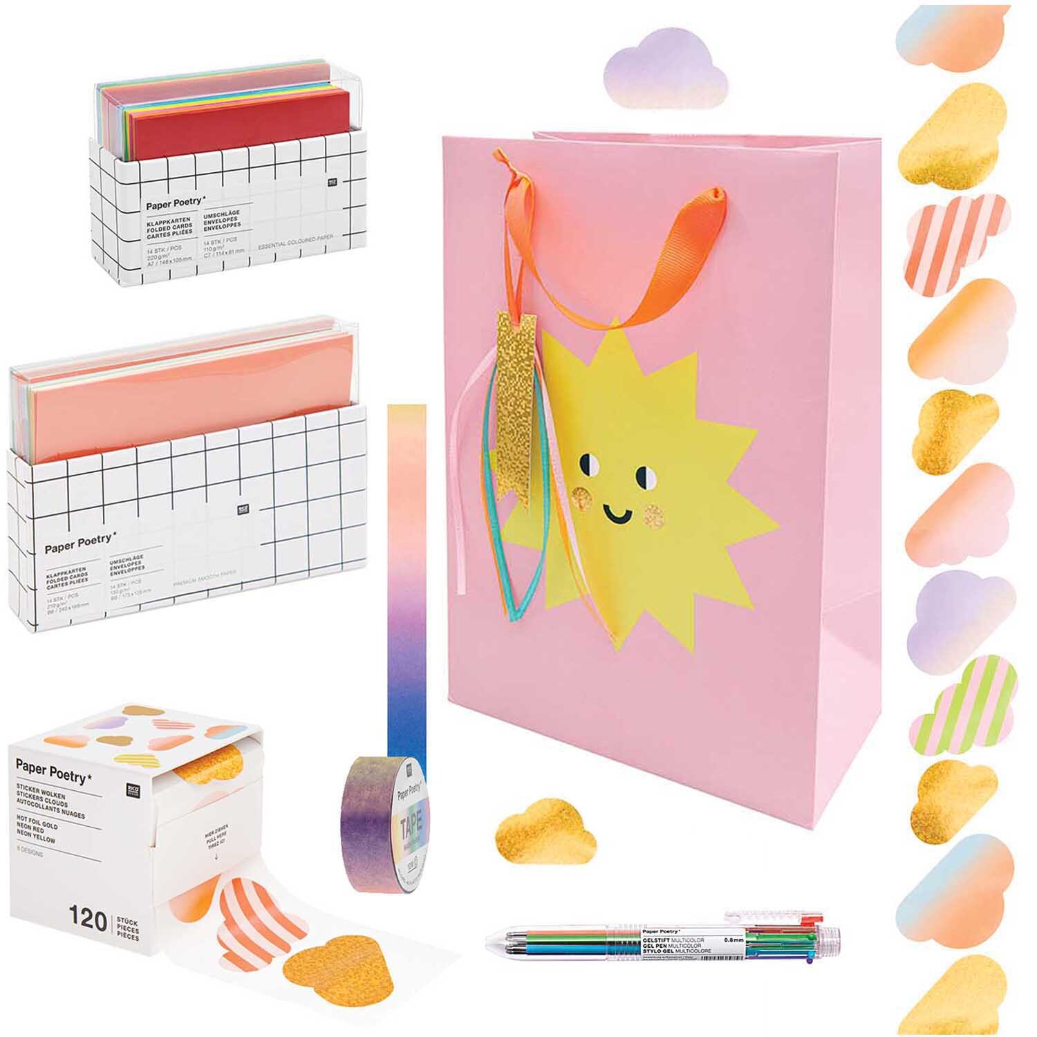 Stationery Set Over The Rainbow: Buntes Schreibwarenset mit Geschenkpapier, Stiften und Klebeband von Rico Design. Ideal für kreative Projekte.