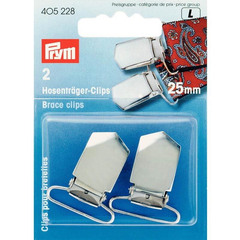 Hosenträger Clips 25mm 2 Stück von Prym in Silber, abgebildet auf einer blauen Verpackung.