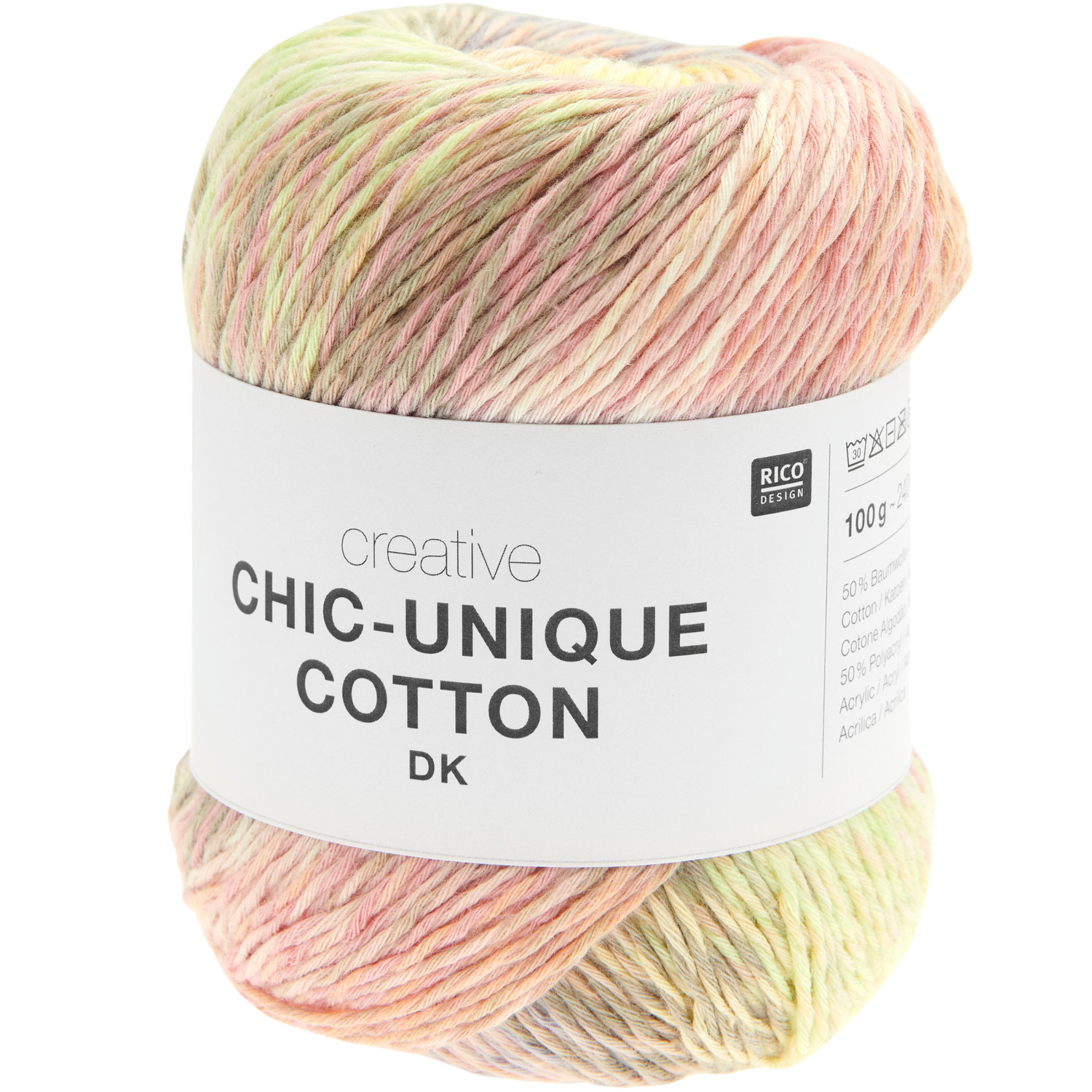 Creative Chic-Unique Cotton dk, pastellfarbenes Garn von Rico Design, 100g, 240m, ideal für Strickprojekte.