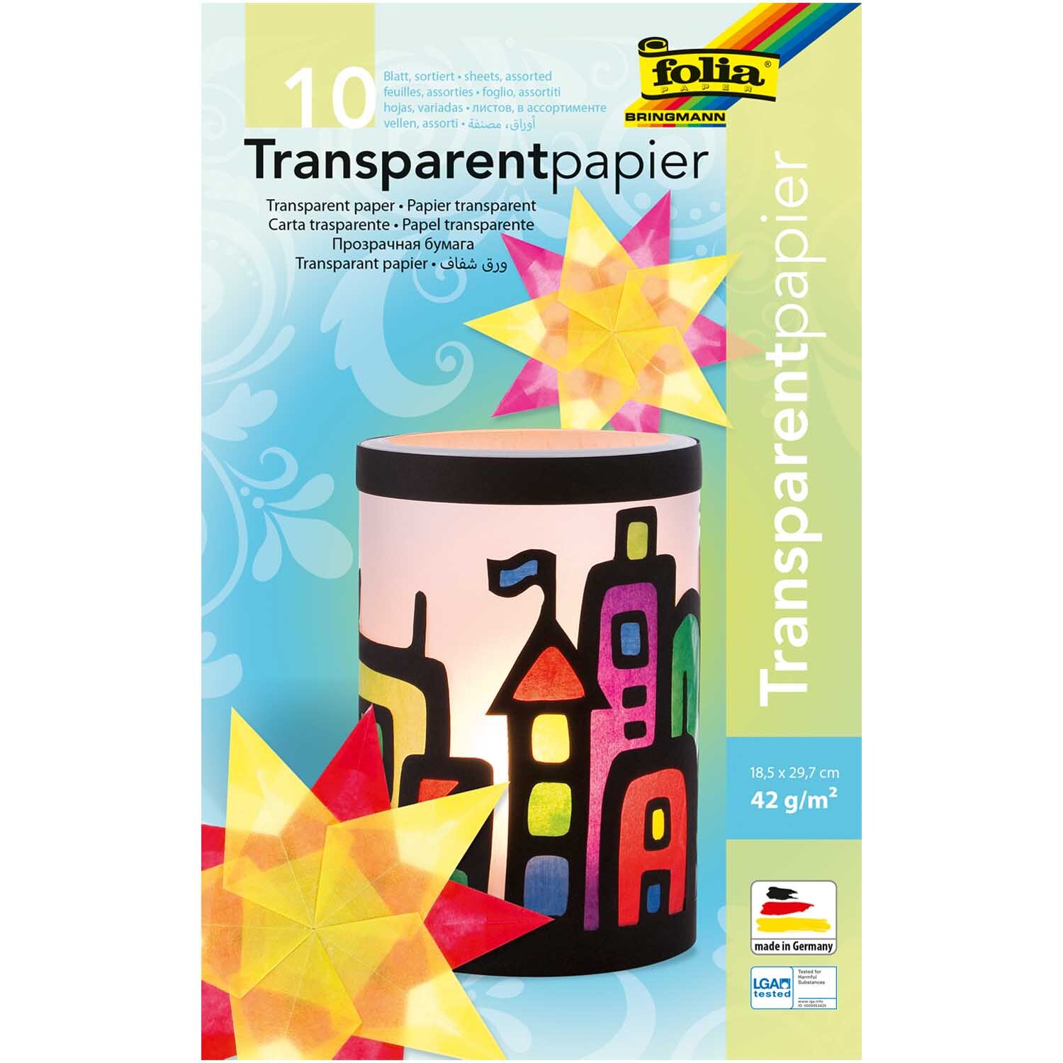 Transparentpapier mehrfarbig 18,5x29,7cm 10 Blatt zeigt bunte Laternenmotive und Sterne. Ideal für kreative Bastelprojekte. Marke: folia.