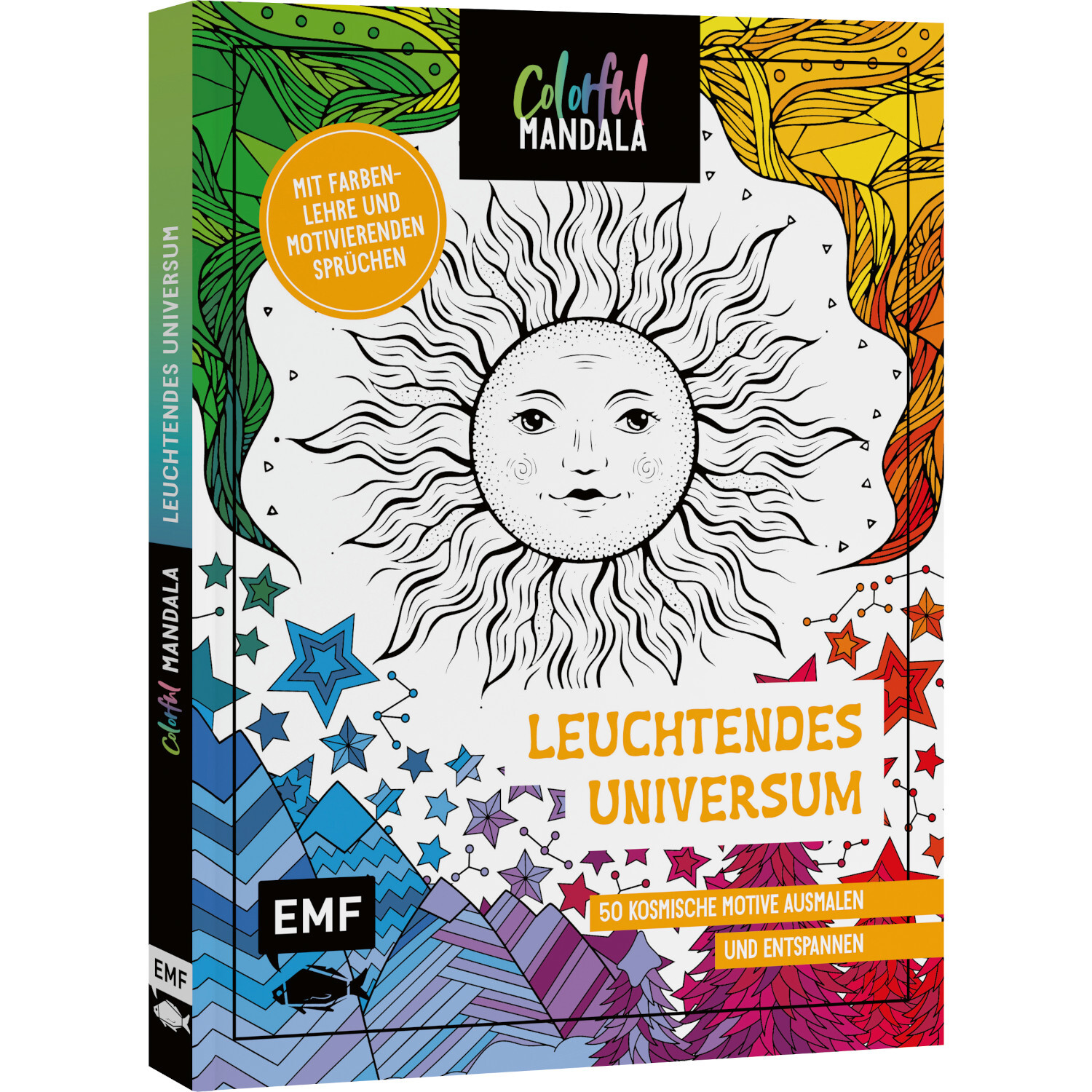 Colorful Mandala Leuchtendes Universum: Ein Buch mit einem strahlenden Sonnengesicht und bunten Mustern, herausgegeben von EMF.