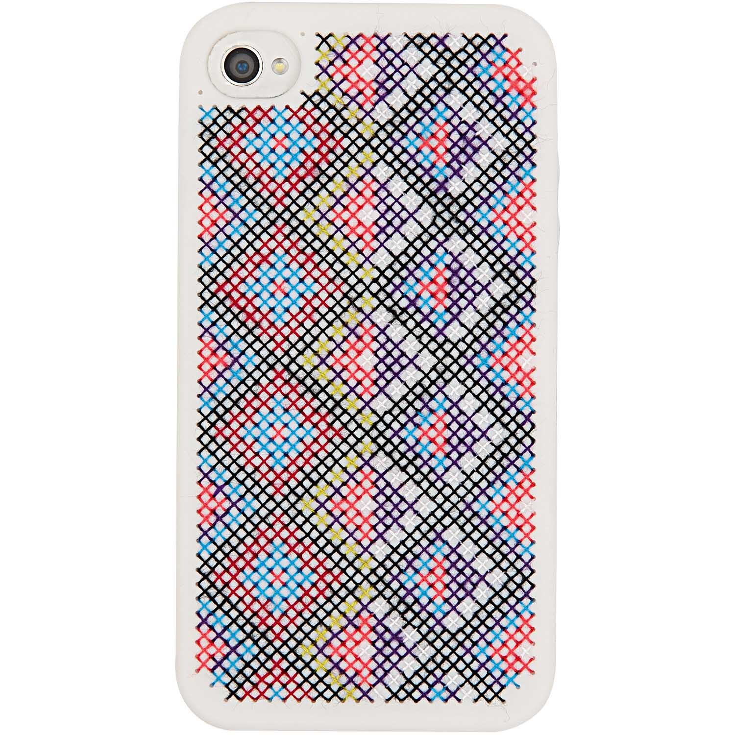 Stickpackung Rauten mit Handyhülle für Iphone 5/5S zeigt ein buntes Rautenmuster auf weißem Hintergrund von Rico Design.
