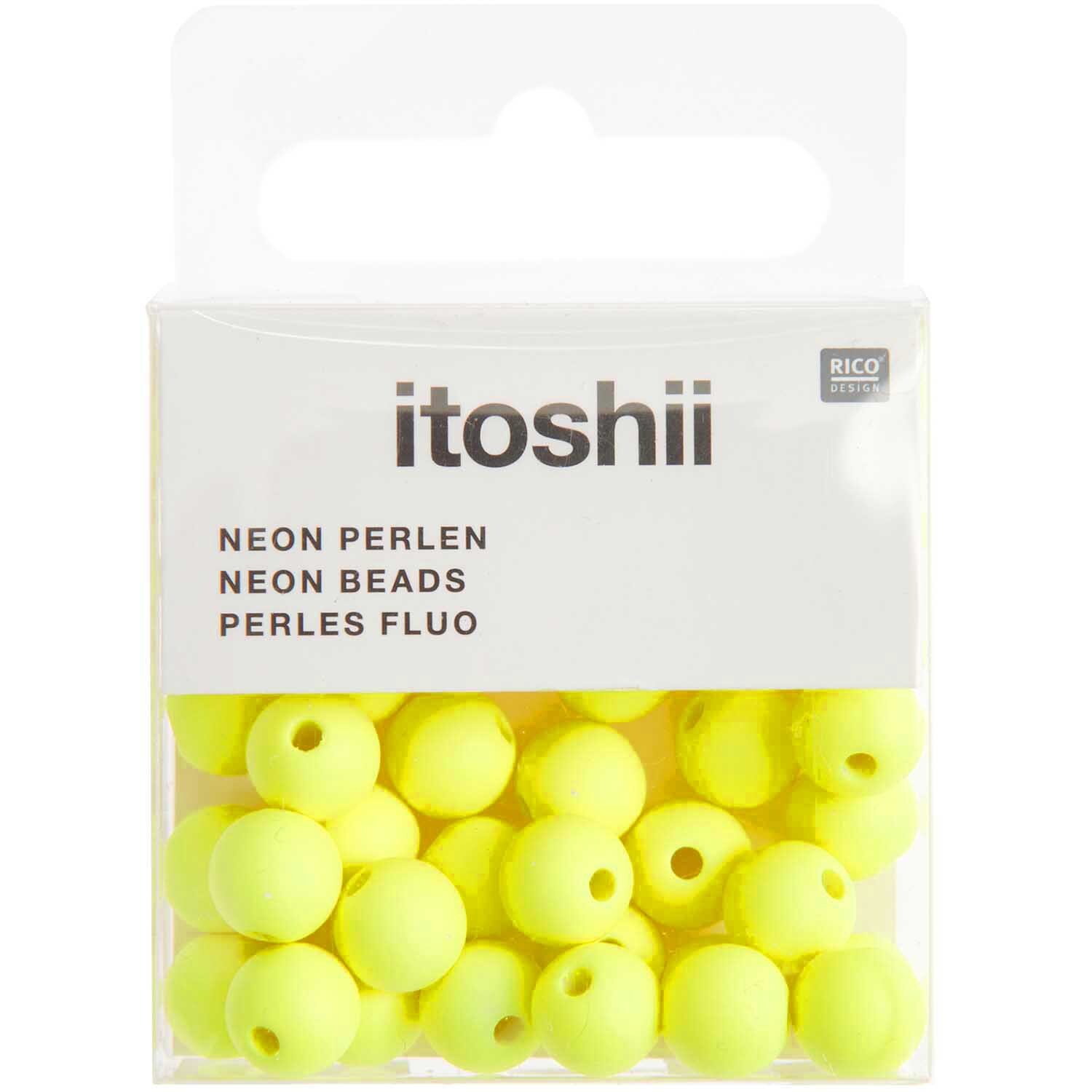 Itoshii Kunststoffperlen in leuchtendem Neon Gelb, 8mm, 40 Stück, präsentiert von Rico Design.