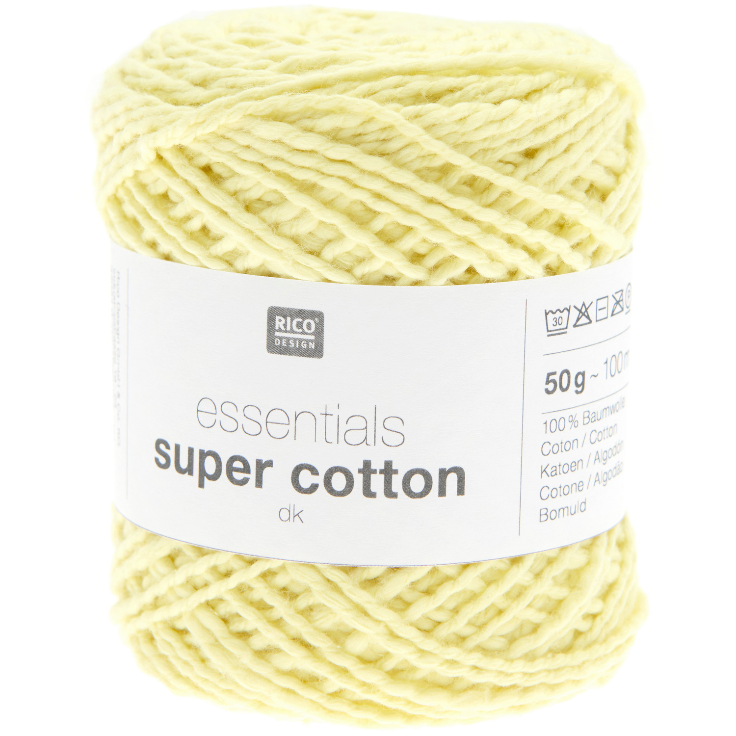 Essentials Super Cotton dk: Gelbes Garn von Rico Design, 50g, 100m, ideal für Häkel- und Strickprojekte.