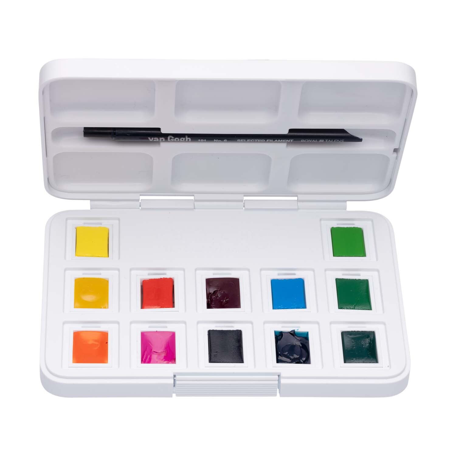 Aquarell Set intensive Farben 12 Näpfchen mit Pinsel, präsentiert in einer weißen Box. Ideal für kreative Projekte.