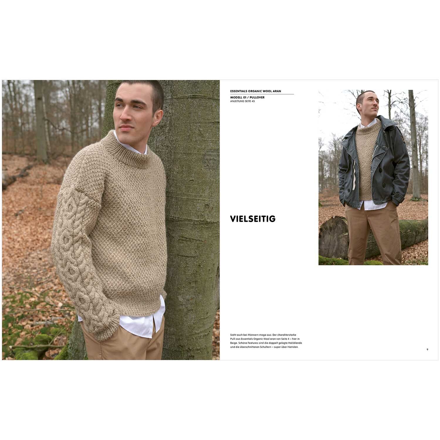 Luxury Knits Winter Special: Mann im beigen Strickpullover von Rico Design im herbstlichen Wald.