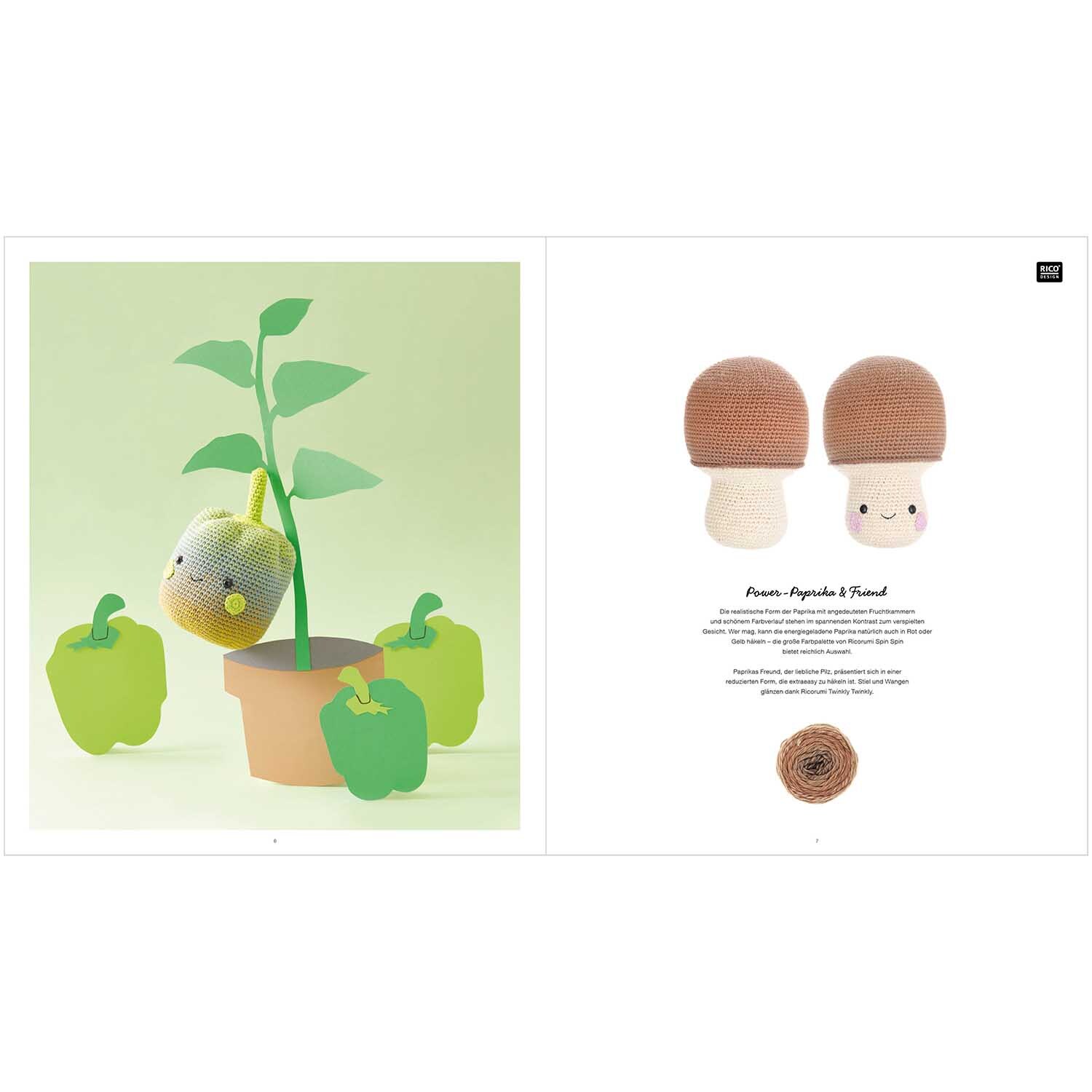 Ricorumi Fresh Friends deutsch: Gehäkelte Figuren mit Pflanzen und Paprika in einem Topf, ideal für kreative Handarbeitsprojekte.