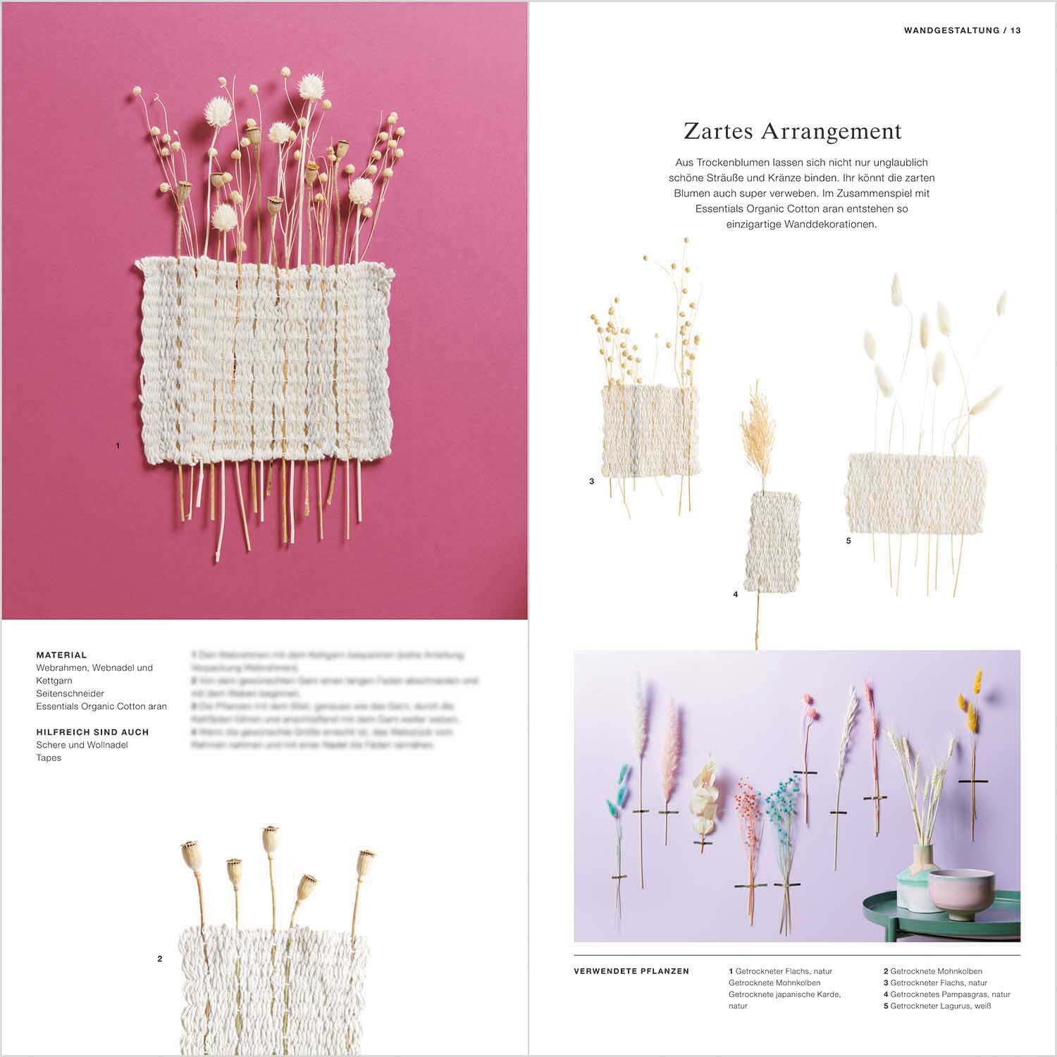 Made by Me Anleitungsheft Trockenblumen zeigt kreative Trockenblumen-Arrangements auf farbigem Hintergrund.