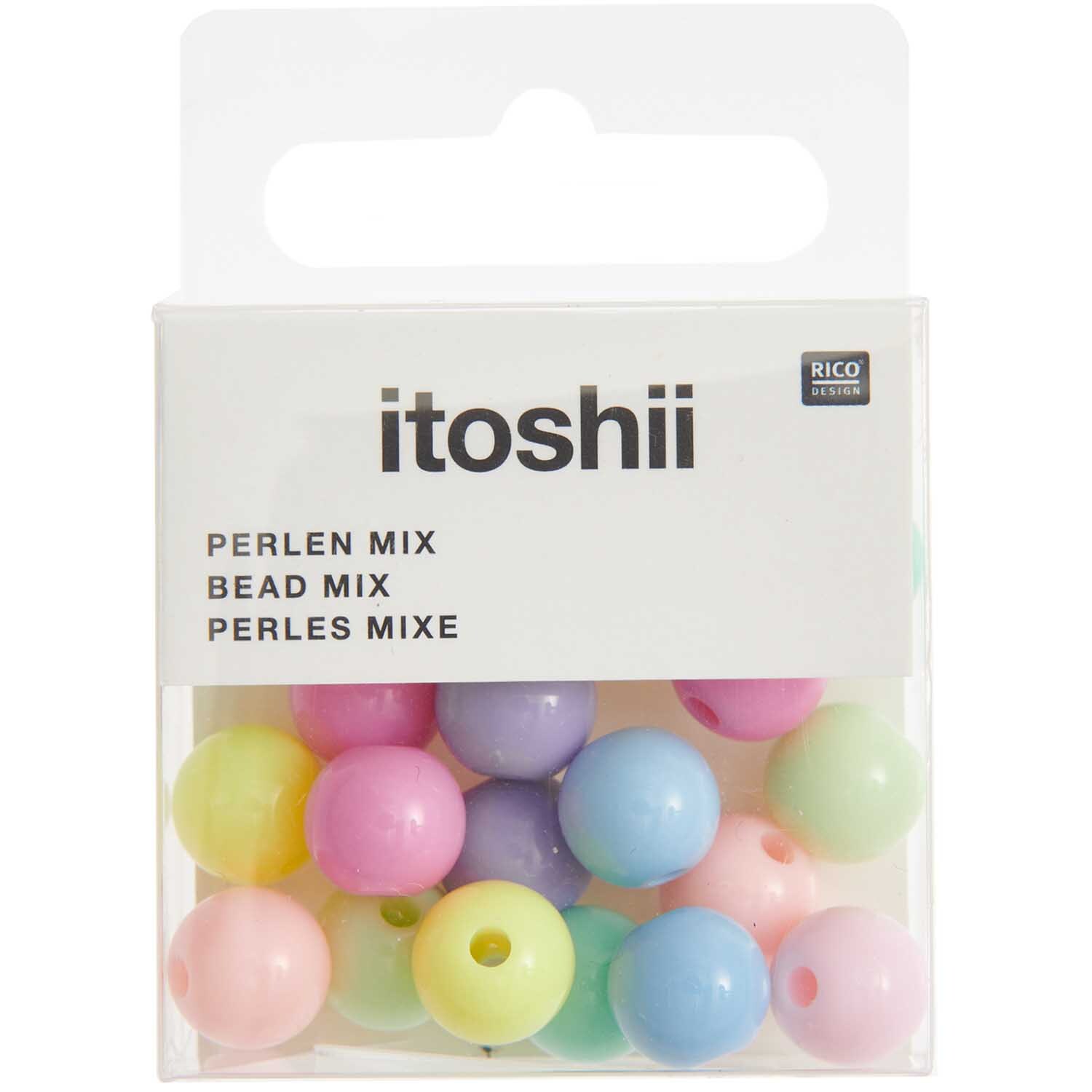 Itoshii Kunststoffperlen in Pastellfarben, 10mm, 24 Stück. Verpackung zeigt bunte Perlen von Rico Design.