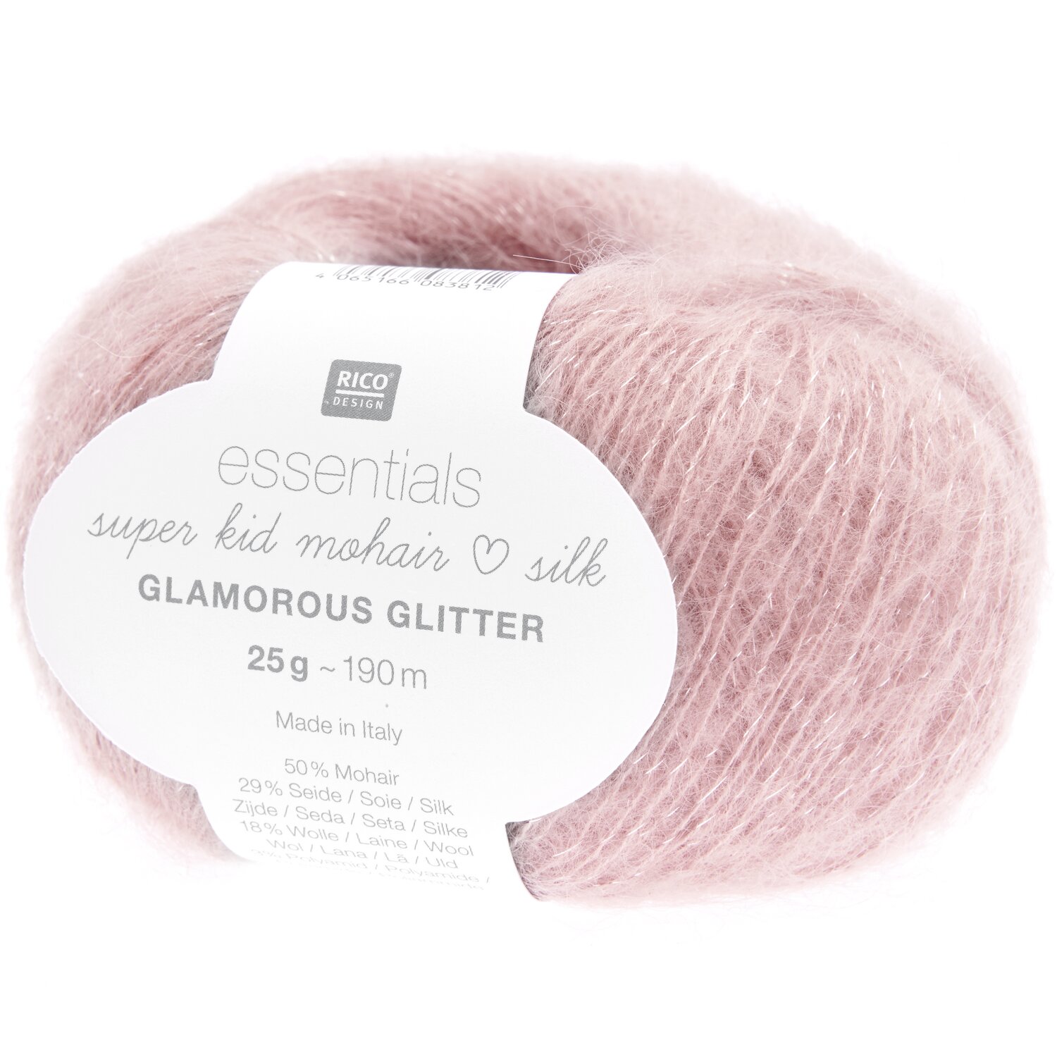 Essentials Super Kid Mohair Loves Silk Glamorous Glitter, beerenfarbene Wolle von Rico Design, 25g, 190m, ideal für edle Strickprojekte.