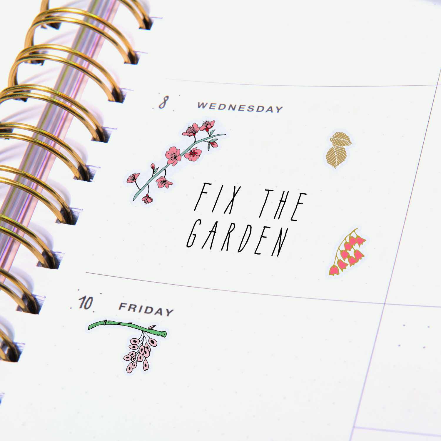 Paper Poetry Gelsticker Funny Fall: Kalenderseite mit floralen Stickern und der Aufschrift "Fix the Garden". Perfekt für kreative Planer.