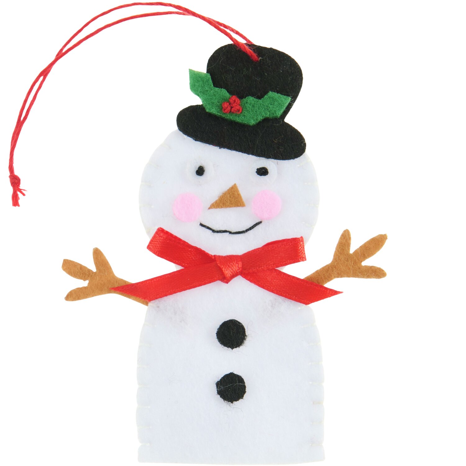 Aufhänger Filz-Schneemann flach Weiß mit rotem Band, schwarzem Hut und grüner Verzierung, 8,2x6,4x0,4cm.