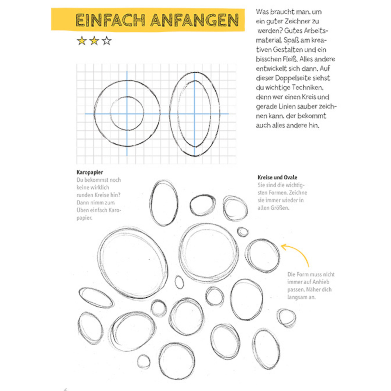 Kunst des Zeichnens für Kinder: Anleitung zum Zeichnen von Kreisen und Ovalen auf Karopapier.