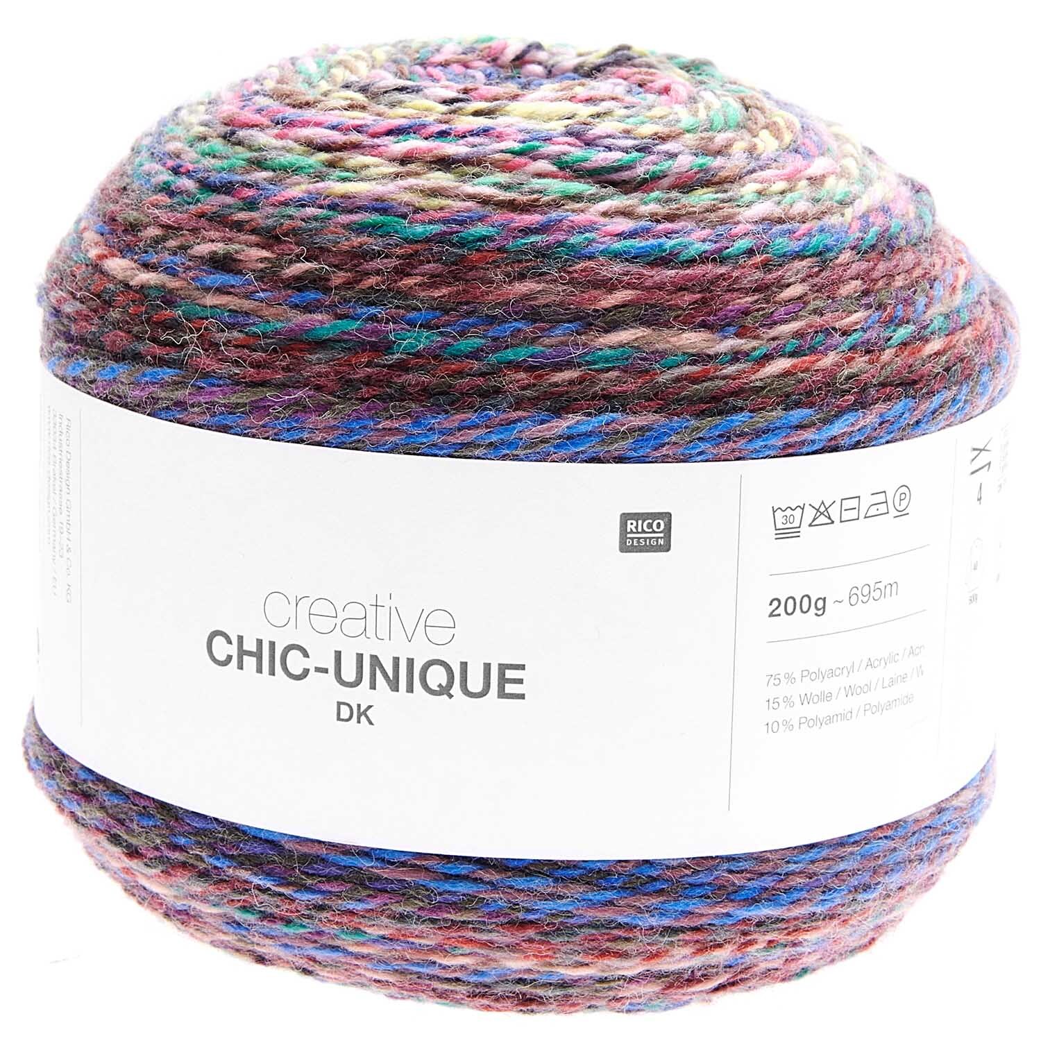 Creative Chic-Unique dk Strickgarn in Bubblegum-Farbtönen von Rico Design, 200g, 695m, ideal für modische Strickprojekte.