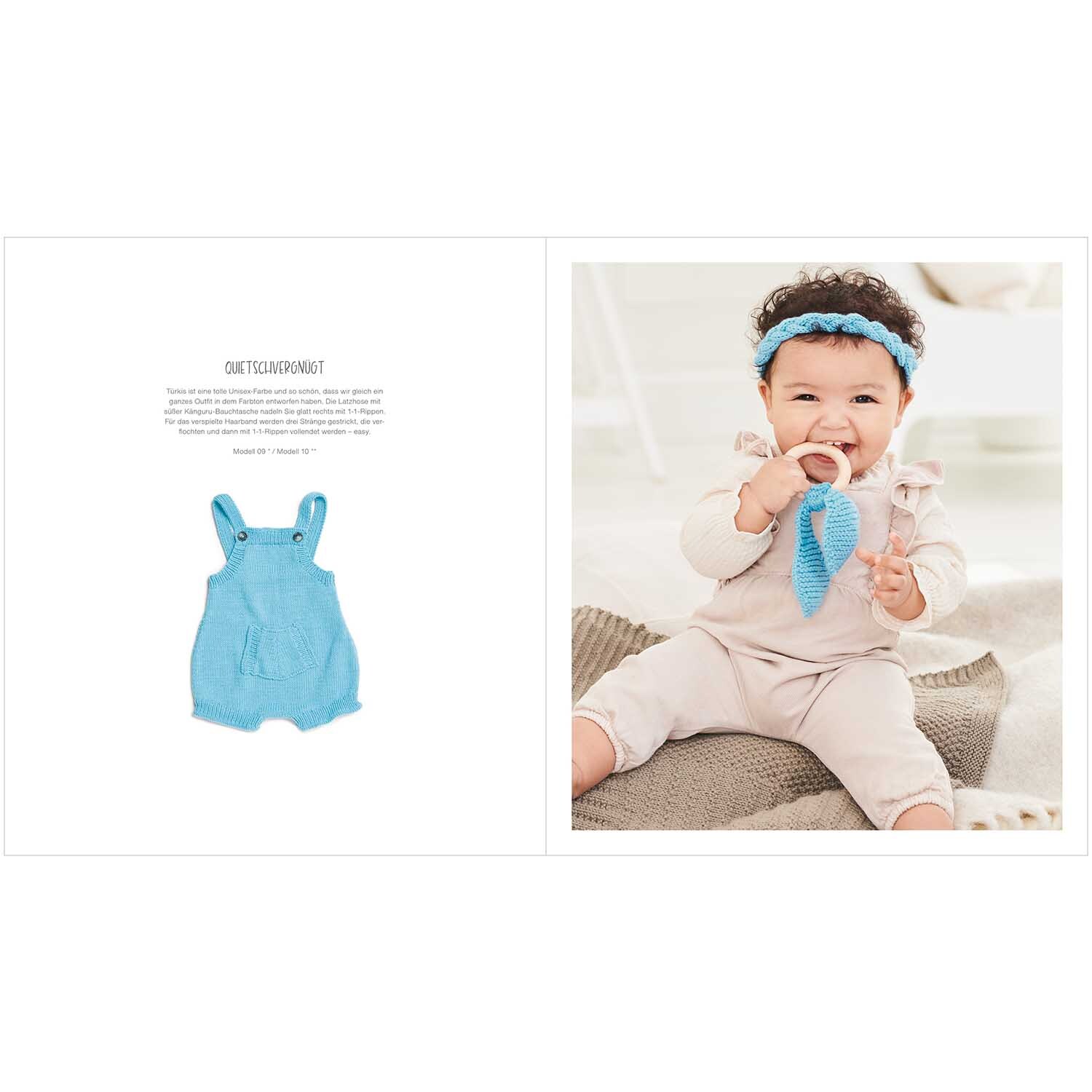 Rico Baby Heft Nr.38 zeigt ein lächelndes Baby in cremefarbener Kleidung mit blauem Stirnband.