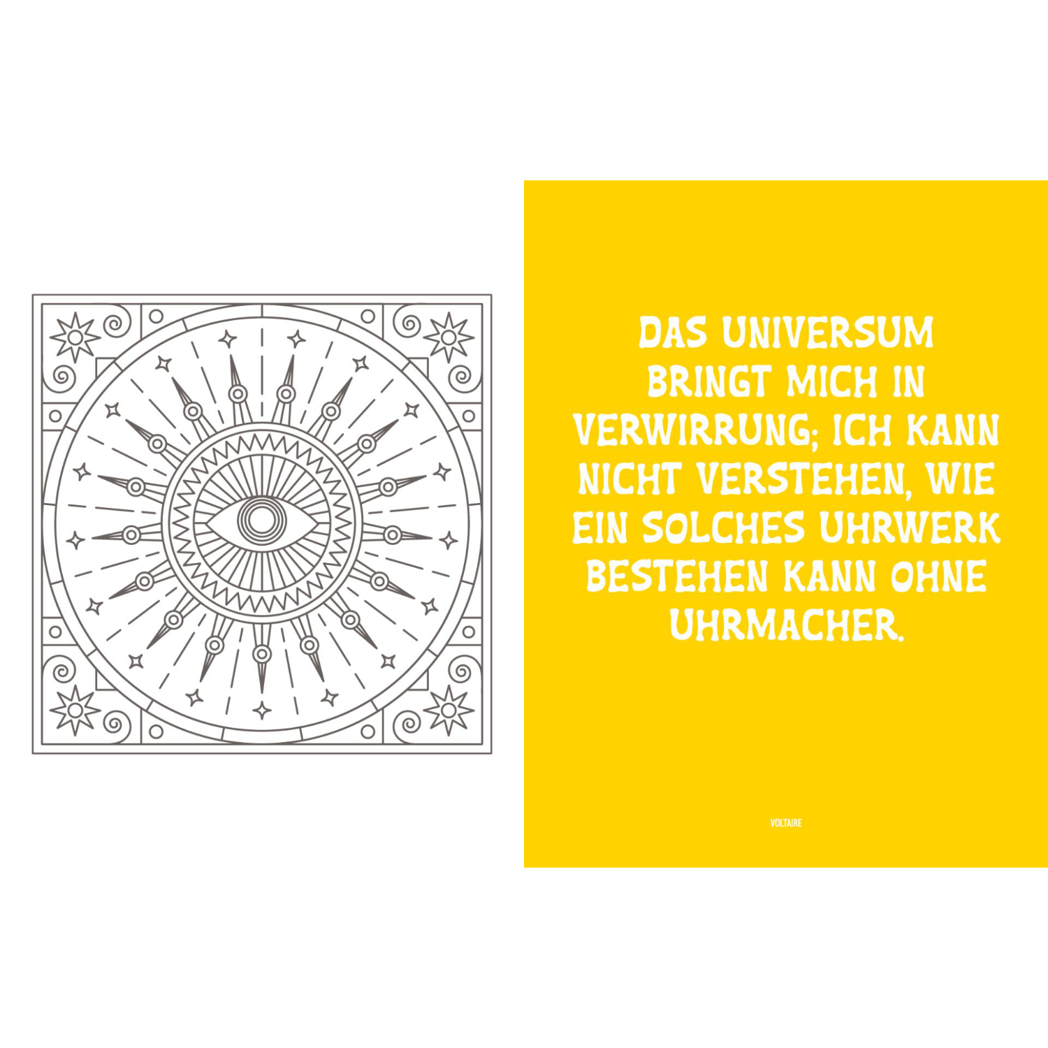 Colorful Mandala – Sternenglück: Schwarz-weißes Mandala mit Auge, gelber Hintergrund mit Zitat von EMF.